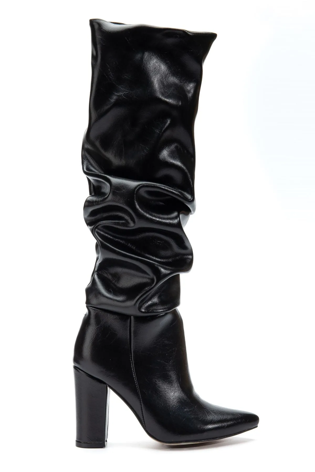 4807 Siyah Kırışık Sivri Burun Körüklü Kalın Topuk Günlük Kadın Çizme