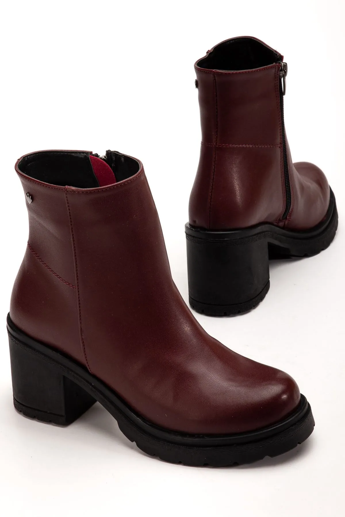 767-3020 Bordo Fermuarlı Kalın Topuklu Günlük Kadın Bot