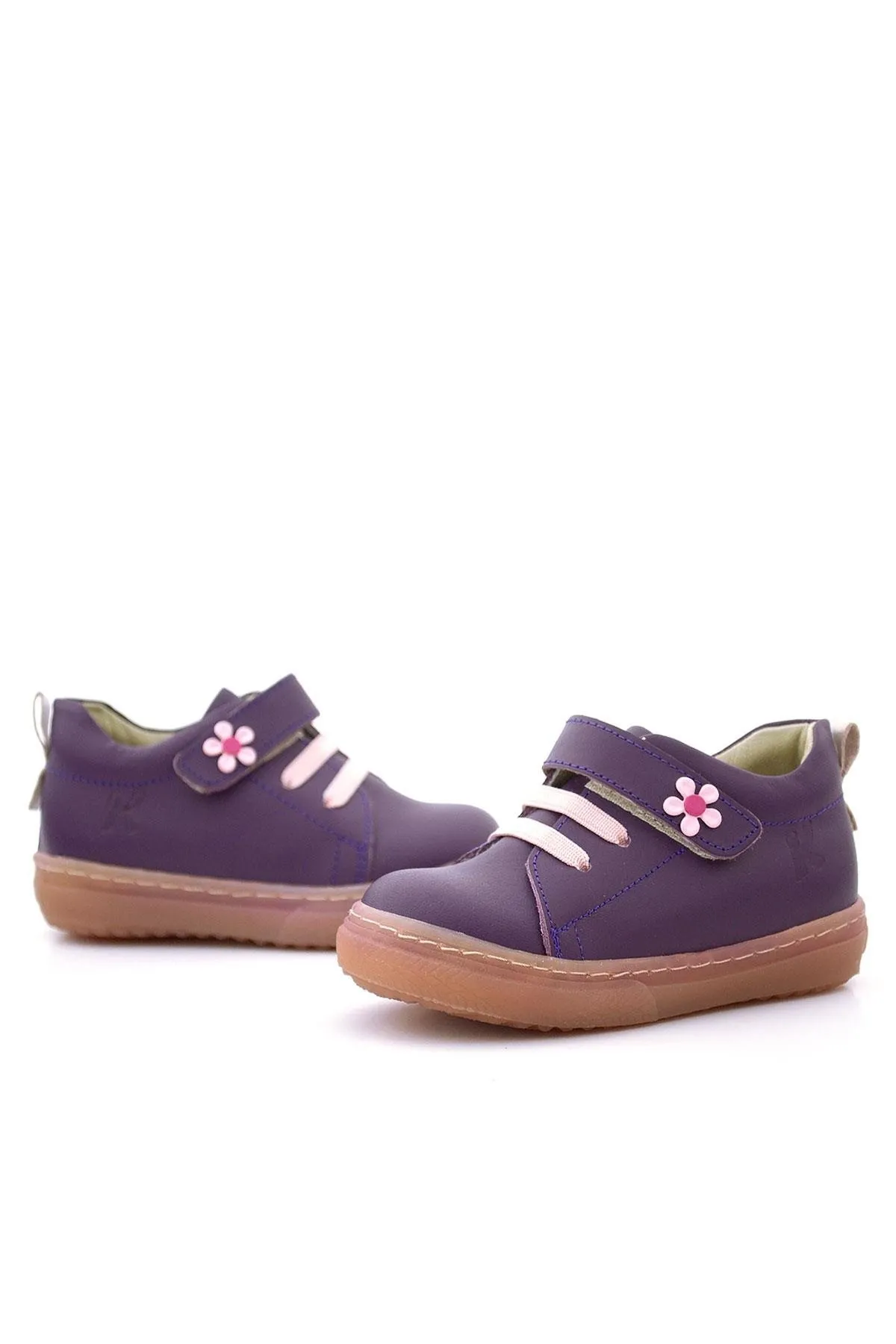 Anatomik Hakiki Deri Yumuşak Mor Çiçekli Cırtlı Kız Çocuk Ayakkabı
