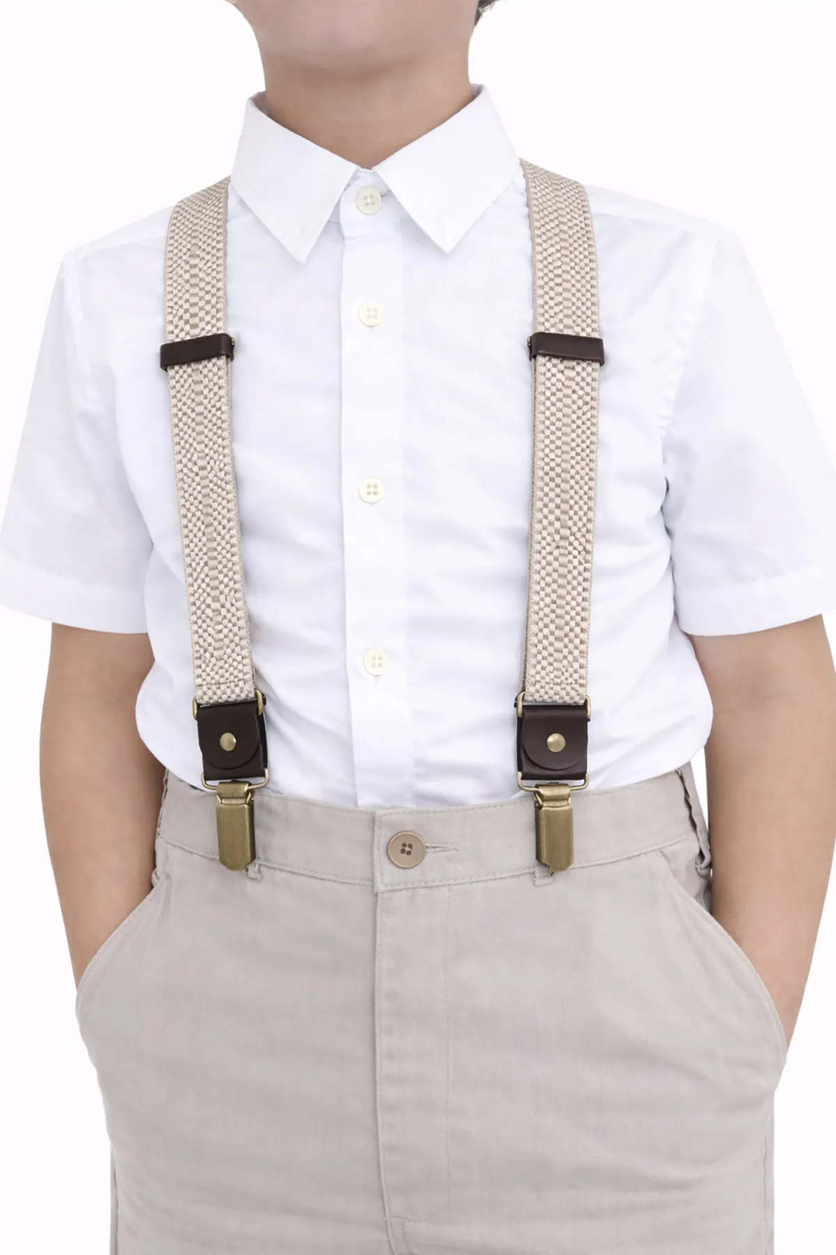 Ayarlanabilir Klipsli Bej Kahve Çocuk Kemer Pantolon Askısı