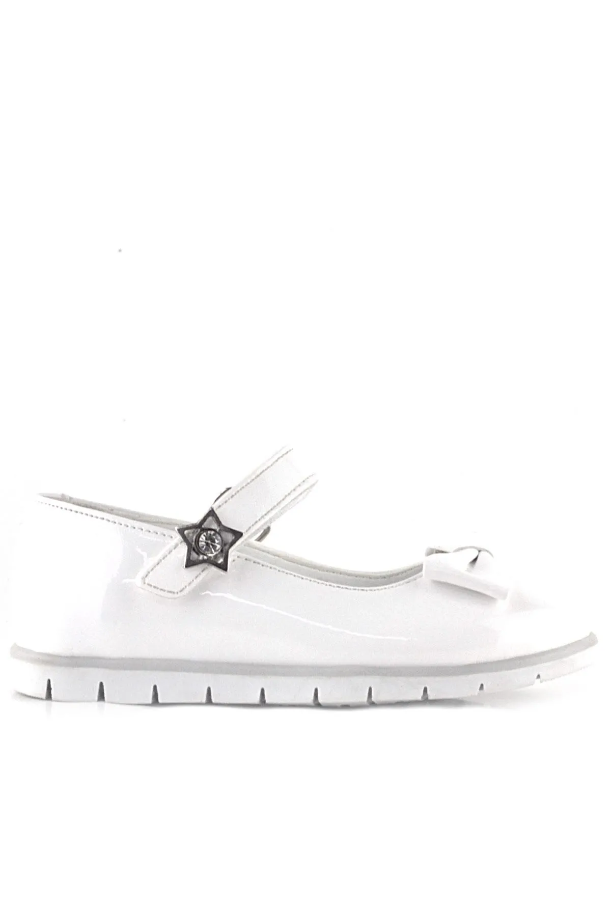 Beyaz Rugan Fiyonklu Yıldız Detaylı Cırtlı Kız Çocuk Babet