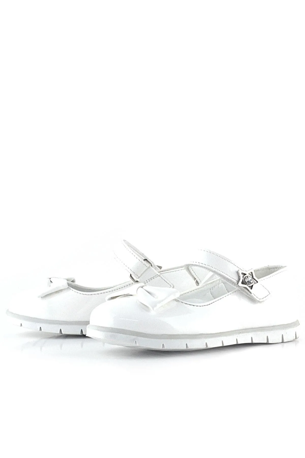 Beyaz Rugan Fiyonklu Yıldız Detaylı Cırtlı Kız Çocuk Babet