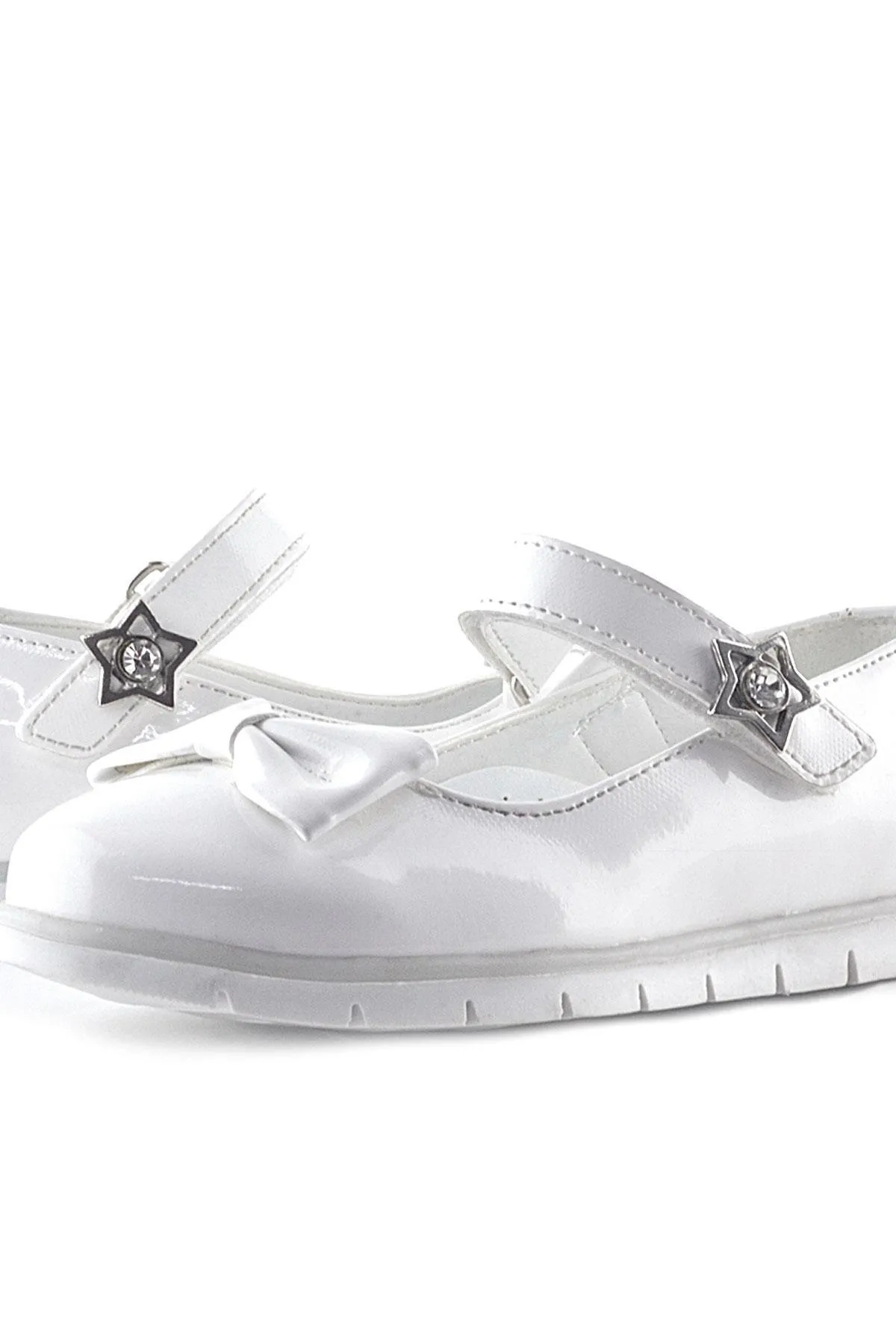 Beyaz Rugan Fiyonklu Yıldız Detaylı Cırtlı Kız Çocuk Babet