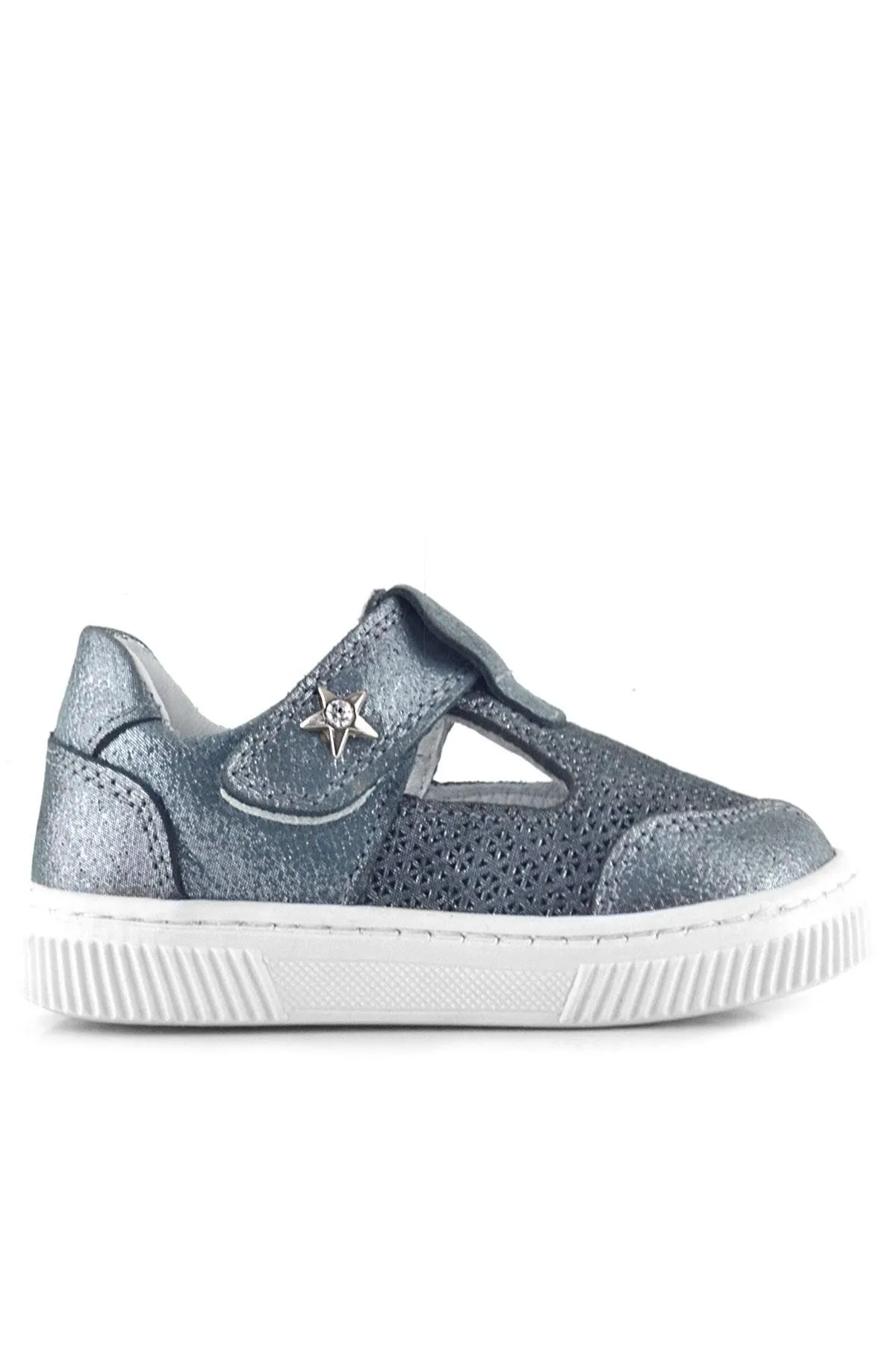 Bheem Hakiki Deri Gümüş Simli Cırtlı Yıldız Detaylı Bebek Sandalet