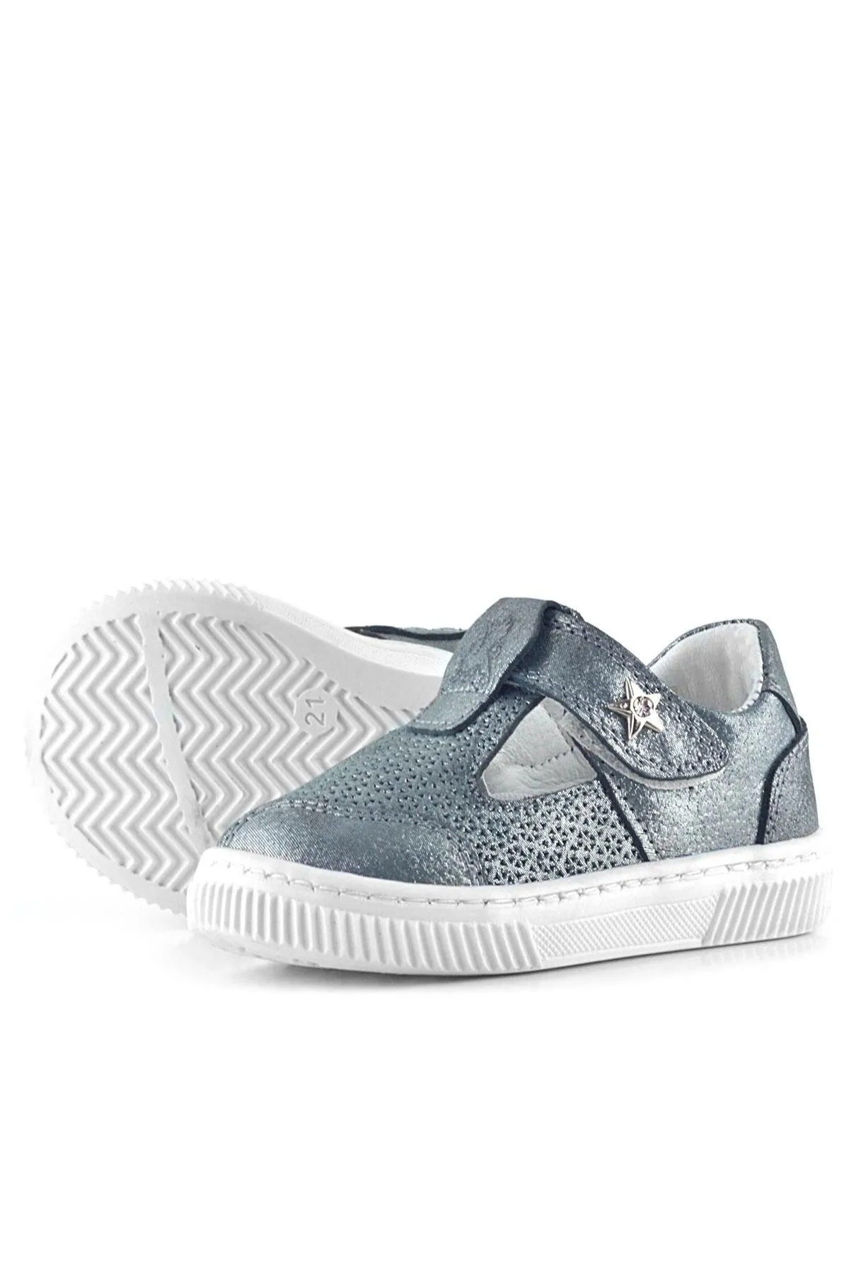 Bheem Hakiki Deri Gümüş Simli Cırtlı Yıldız Detaylı Bebek Sandalet