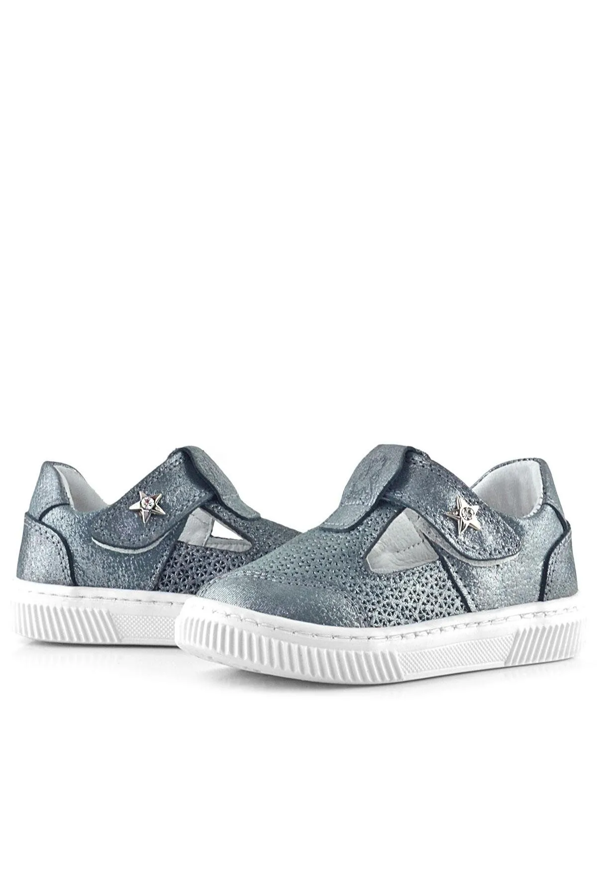 Bheem Hakiki Deri Gümüş Simli Cırtlı Yıldız Detaylı Bebek Sandalet