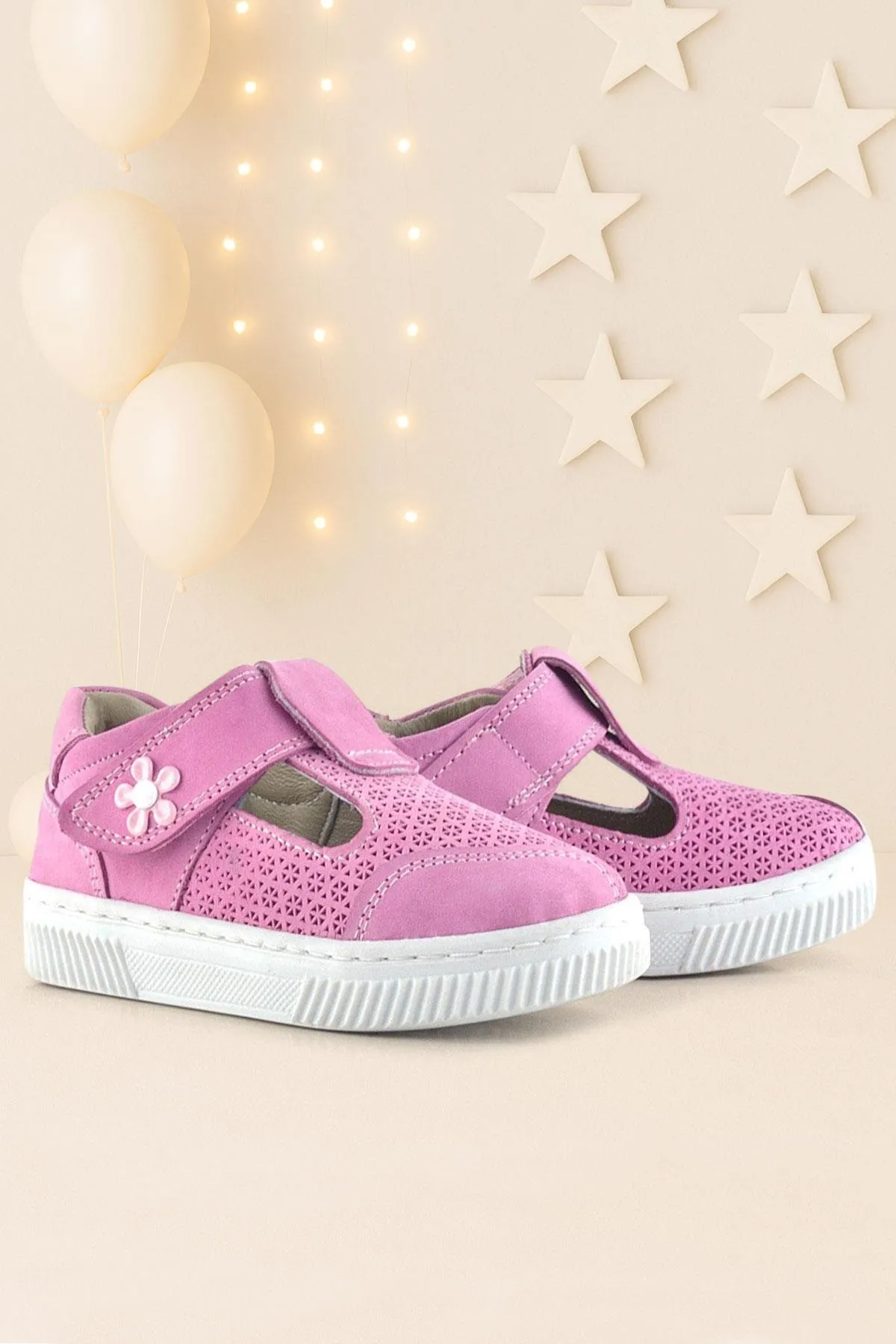 Bheem Hakiki Deri Pembe Cırtlı Çiçek Detaylı Bebek Sandalet