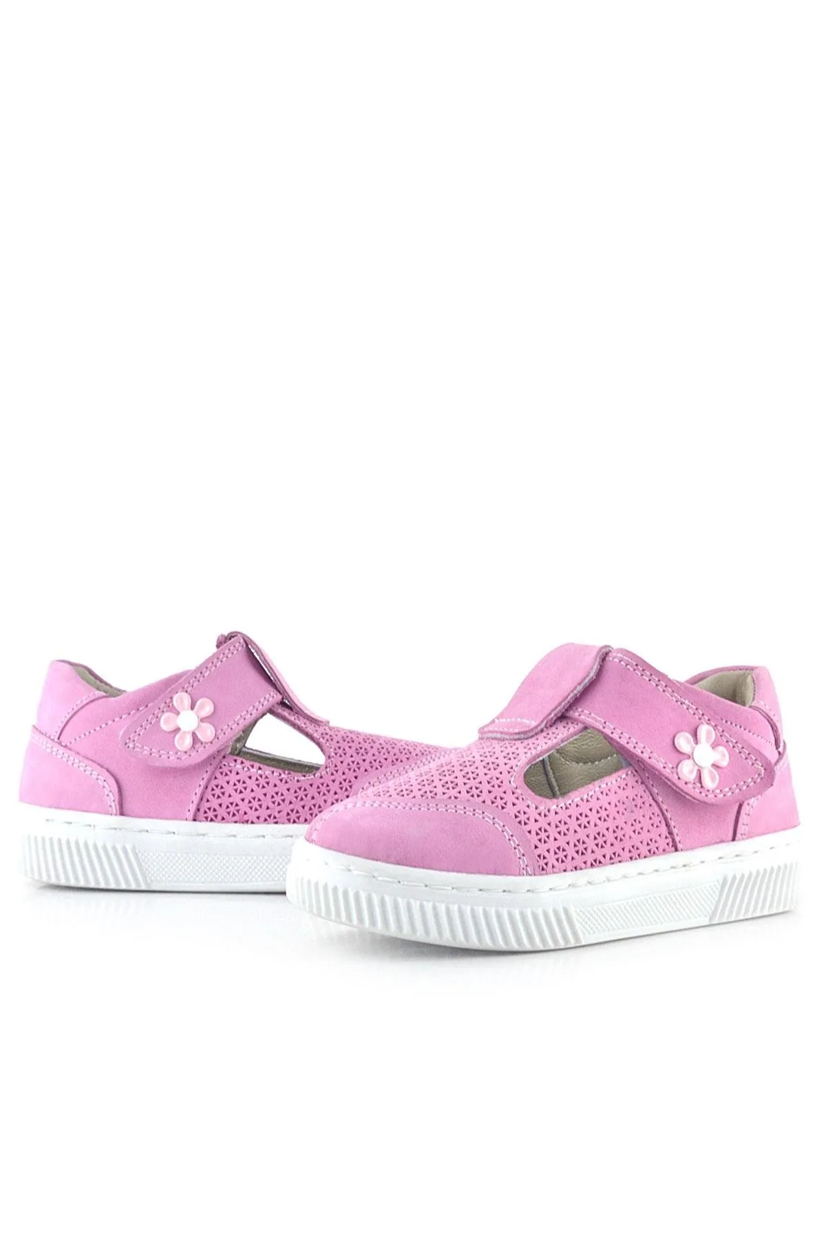 Bheem Hakiki Deri Pembe Cırtlı Çiçek Detaylı Bebek Sandalet