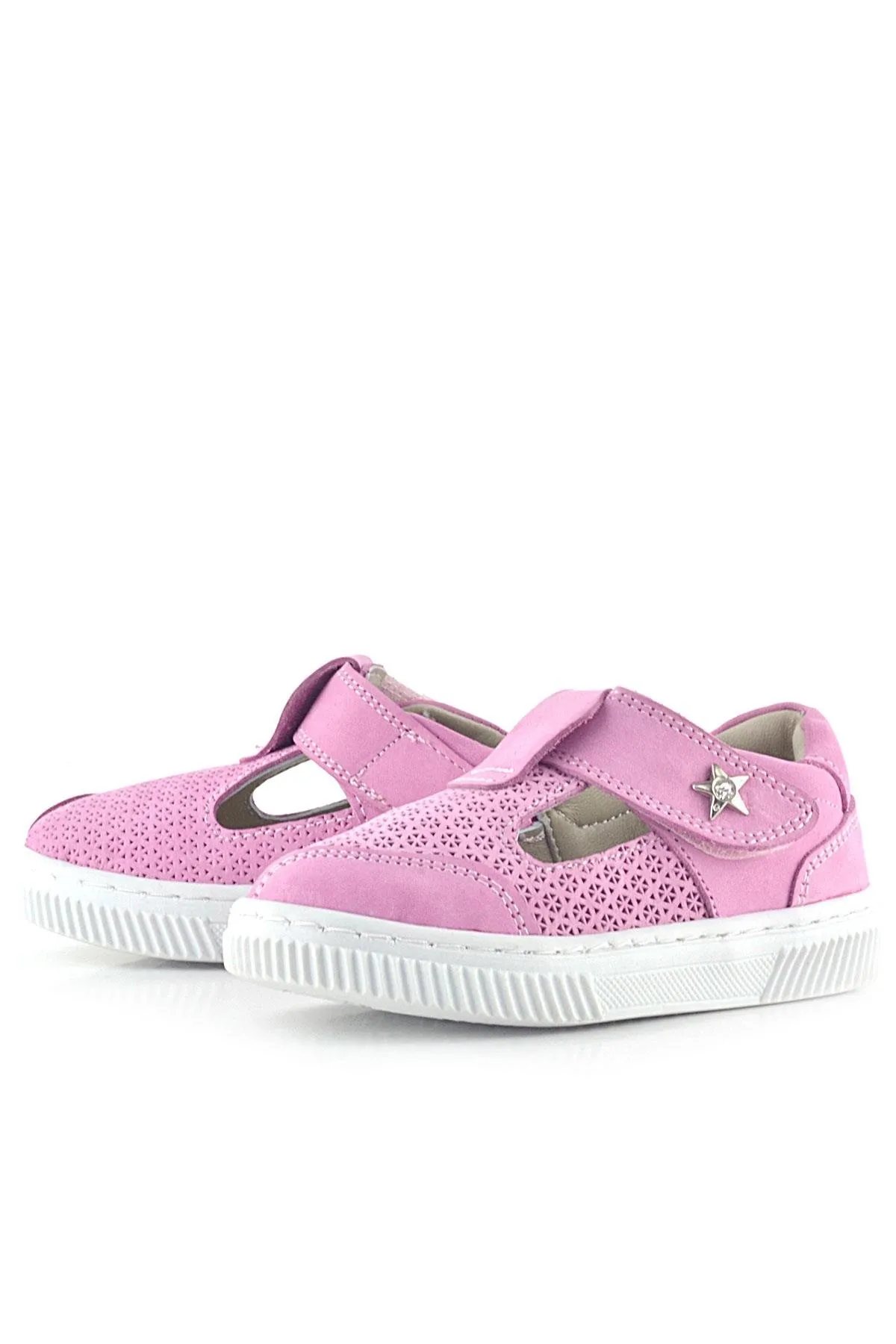 Bheem Hakiki Deri Pembe Cırtlı Yıldız Detaylı Bebek Sandalet