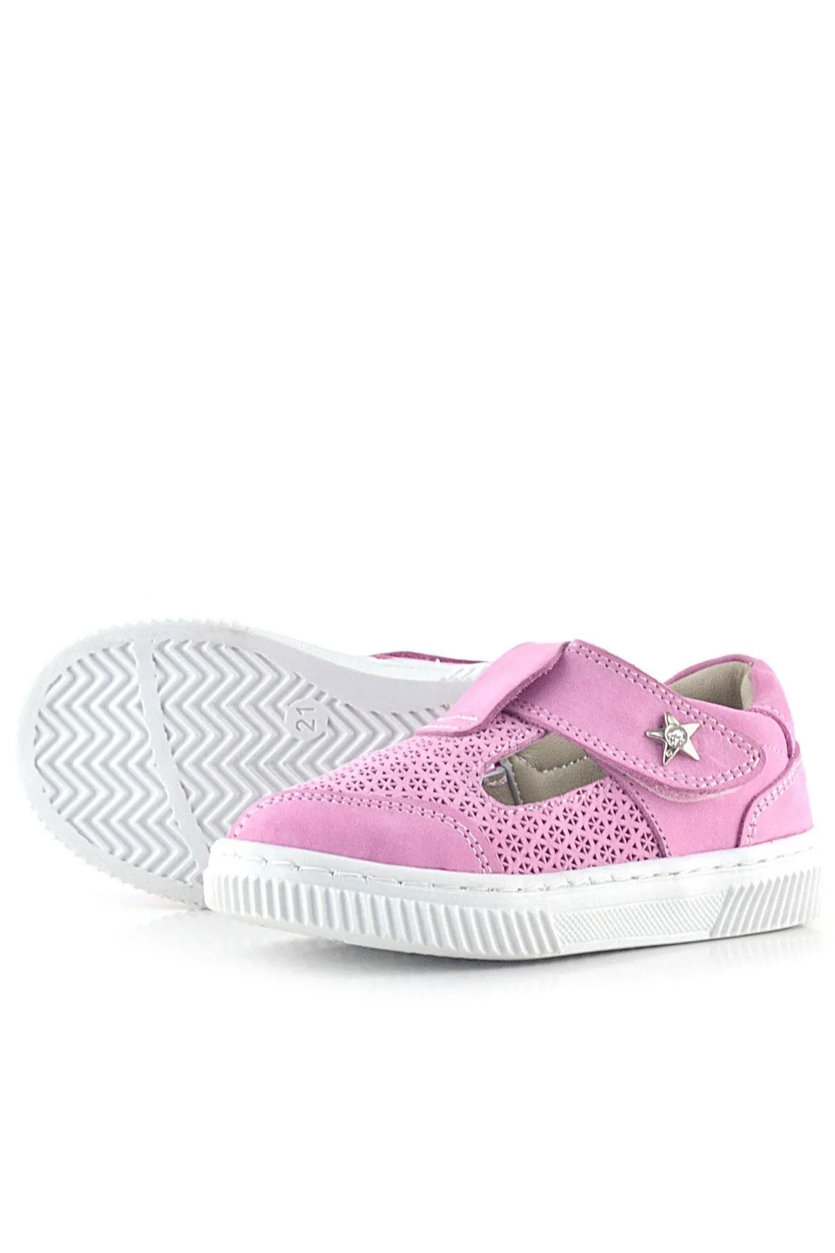 Bheem Hakiki Deri Pembe Cırtlı Yıldız Detaylı Bebek Sandalet