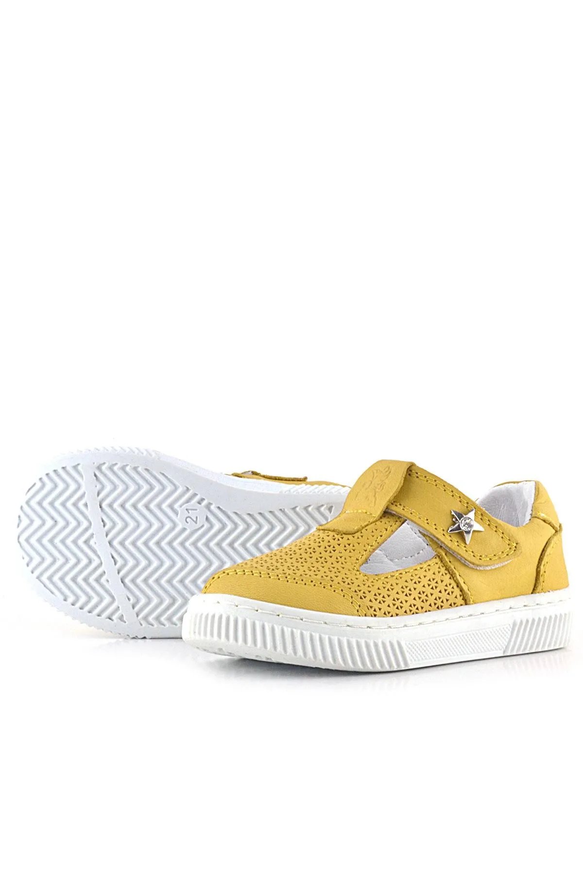 Bheem Hakiki Deri Sarı Cırtlı Yıldız Detaylı Bebek Sandalet