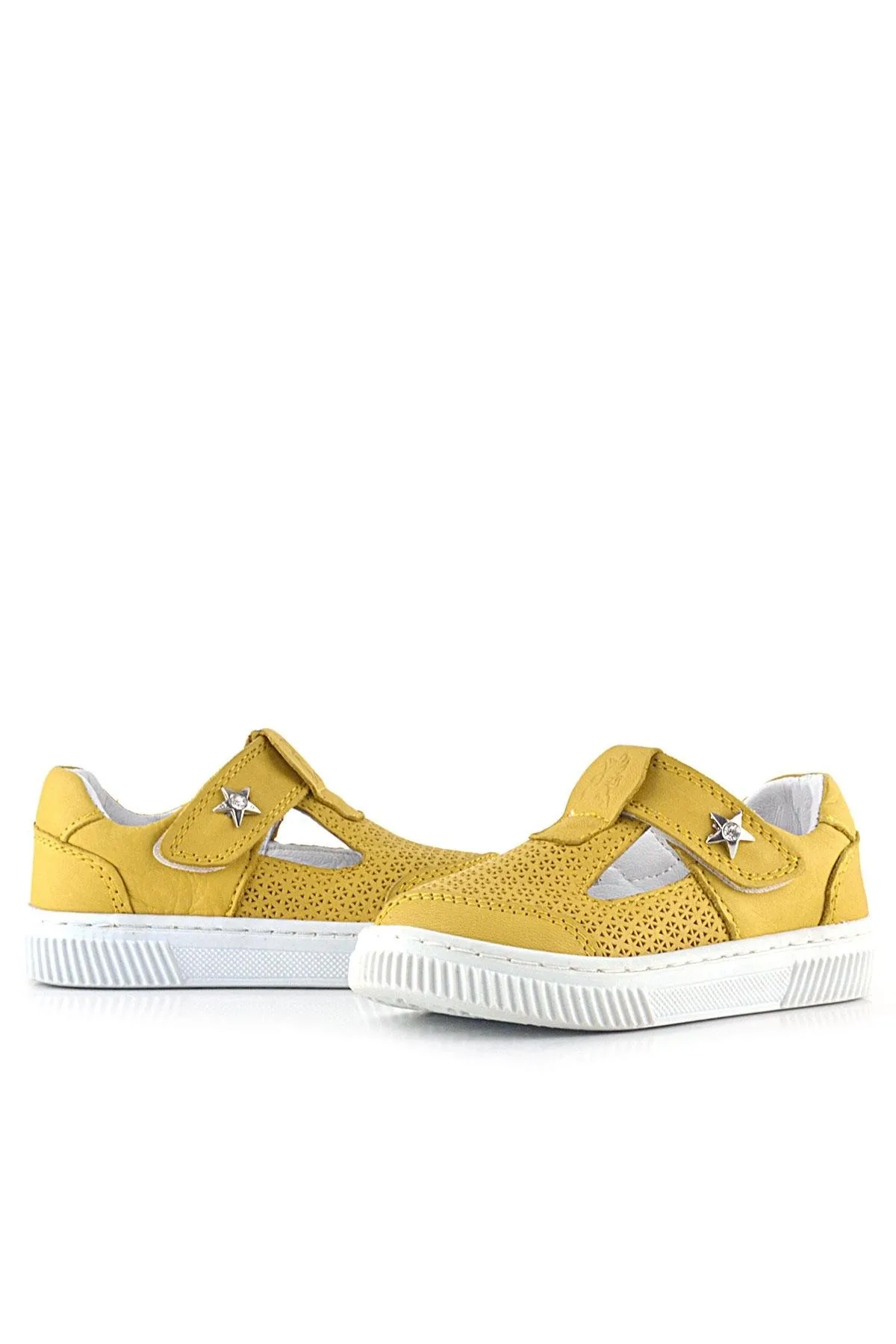 Bheem Hakiki Deri Sarı Cırtlı Yıldız Detaylı Bebek Sandalet