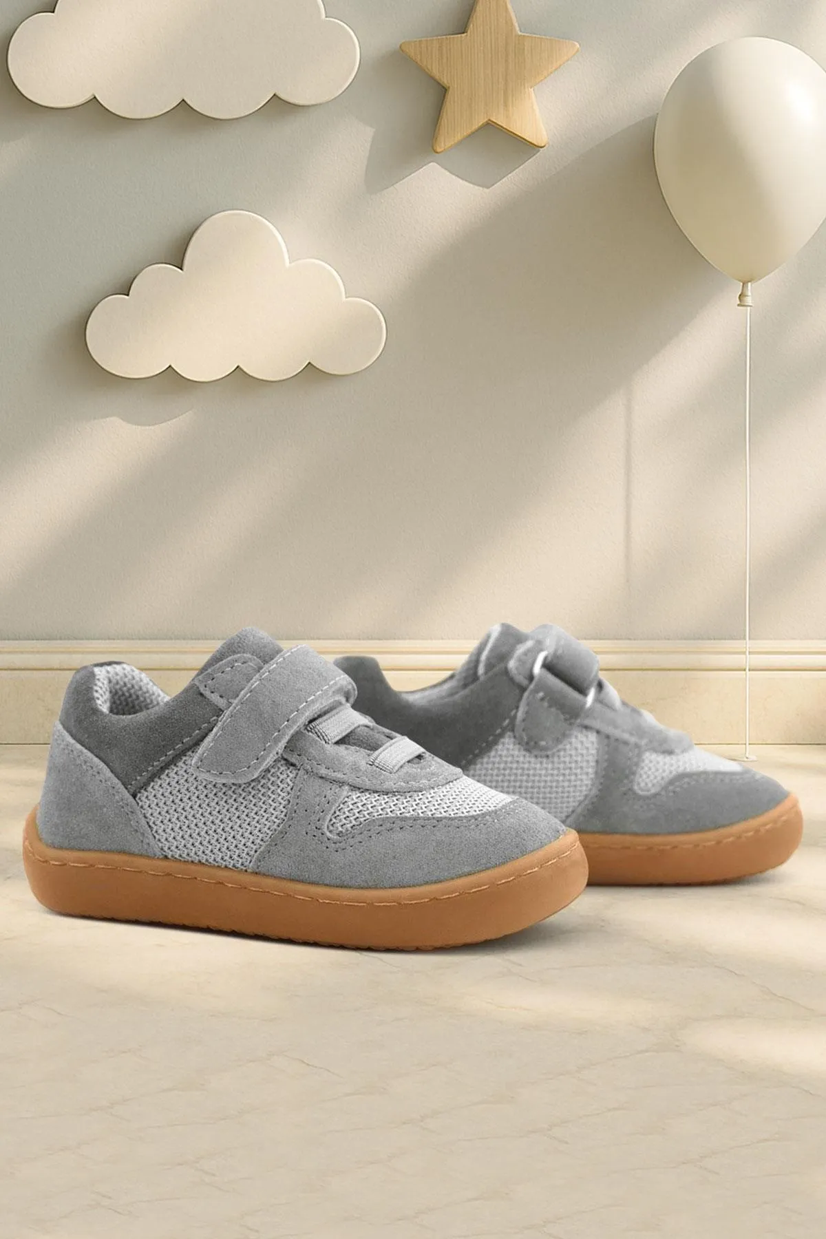 Bob Hakiki Deri Gri Barefoot Cırtlı Lastikli Bebek Sneaker Ayakkabı