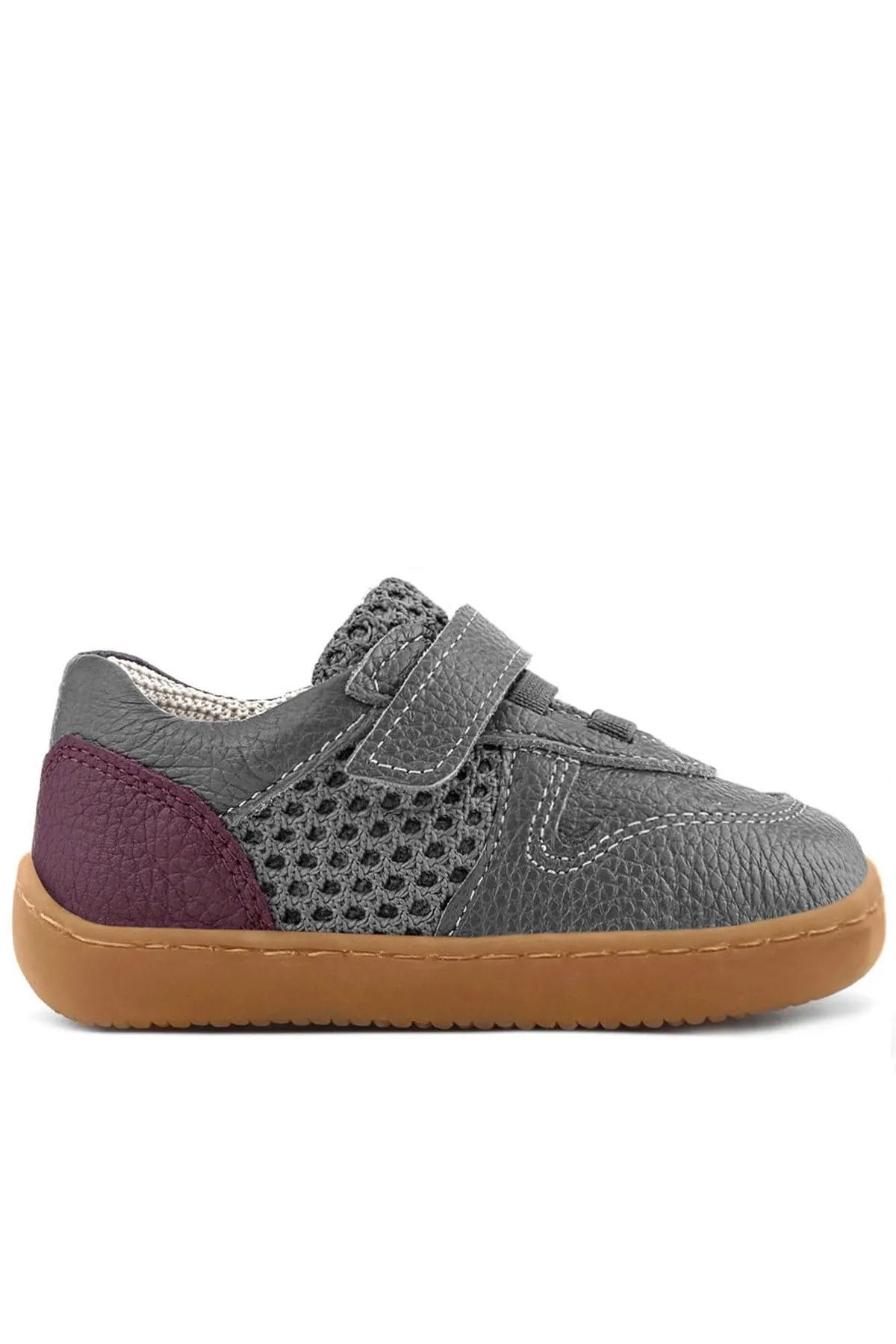 Bob Hakiki Deri Gri Bordo Barefoot Cırtlı Lastikli Bebek Sneaker Ayakkabı
