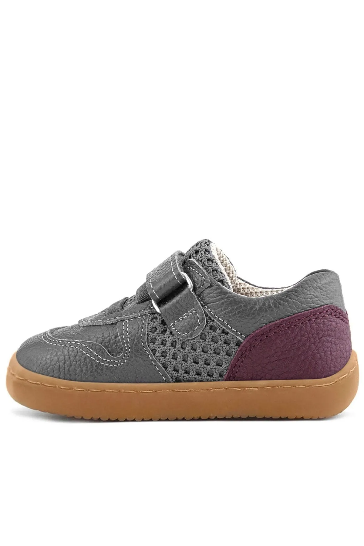 Bob Hakiki Deri Gri Bordo Barefoot Cırtlı Lastikli Bebek Sneaker Ayakkabı