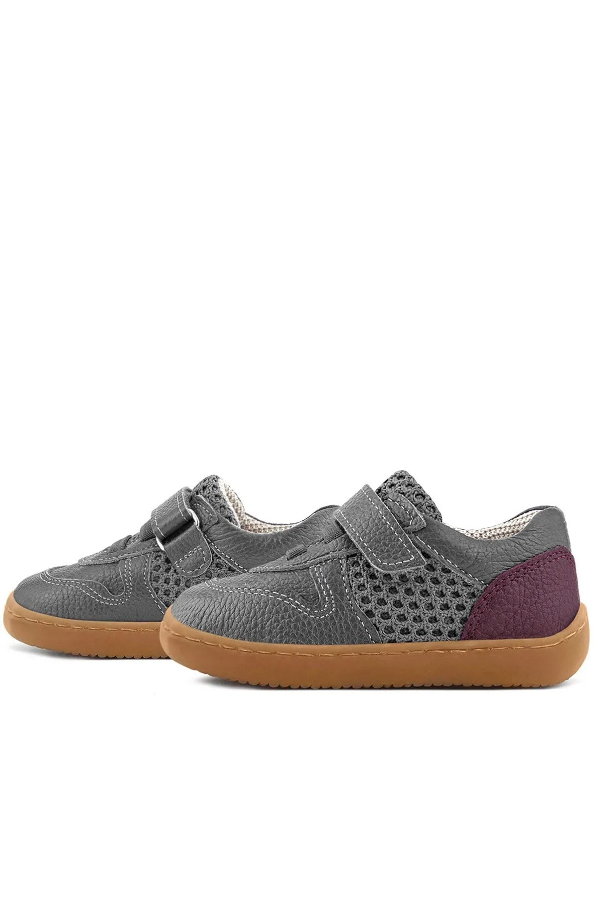 Bob Hakiki Deri Gri Bordo Barefoot Cırtlı Lastikli Bebek Sneaker Ayakkabı