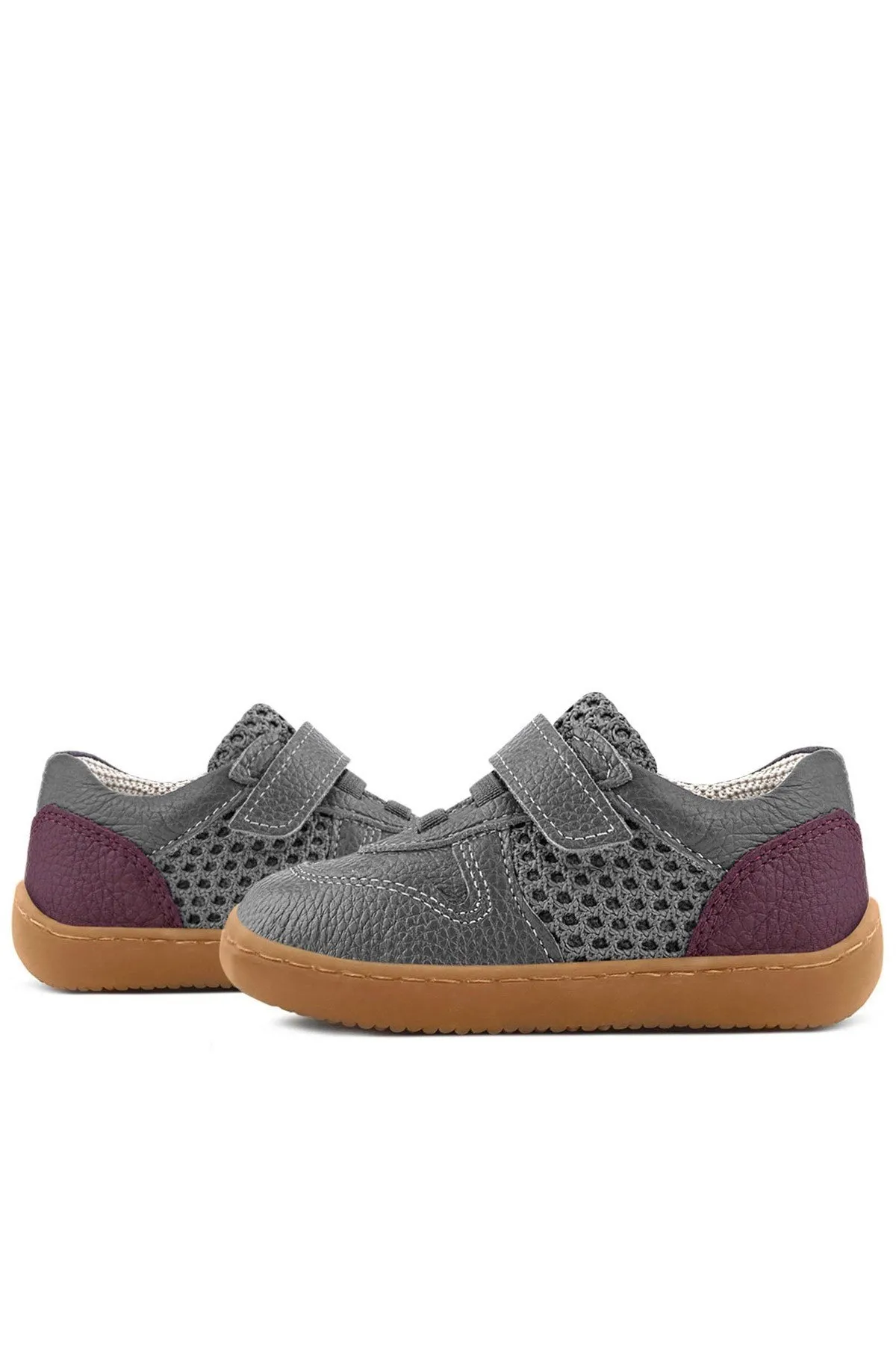 Bob Hakiki Deri Gri Bordo Barefoot Cırtlı Lastikli Bebek Sneaker Ayakkabı