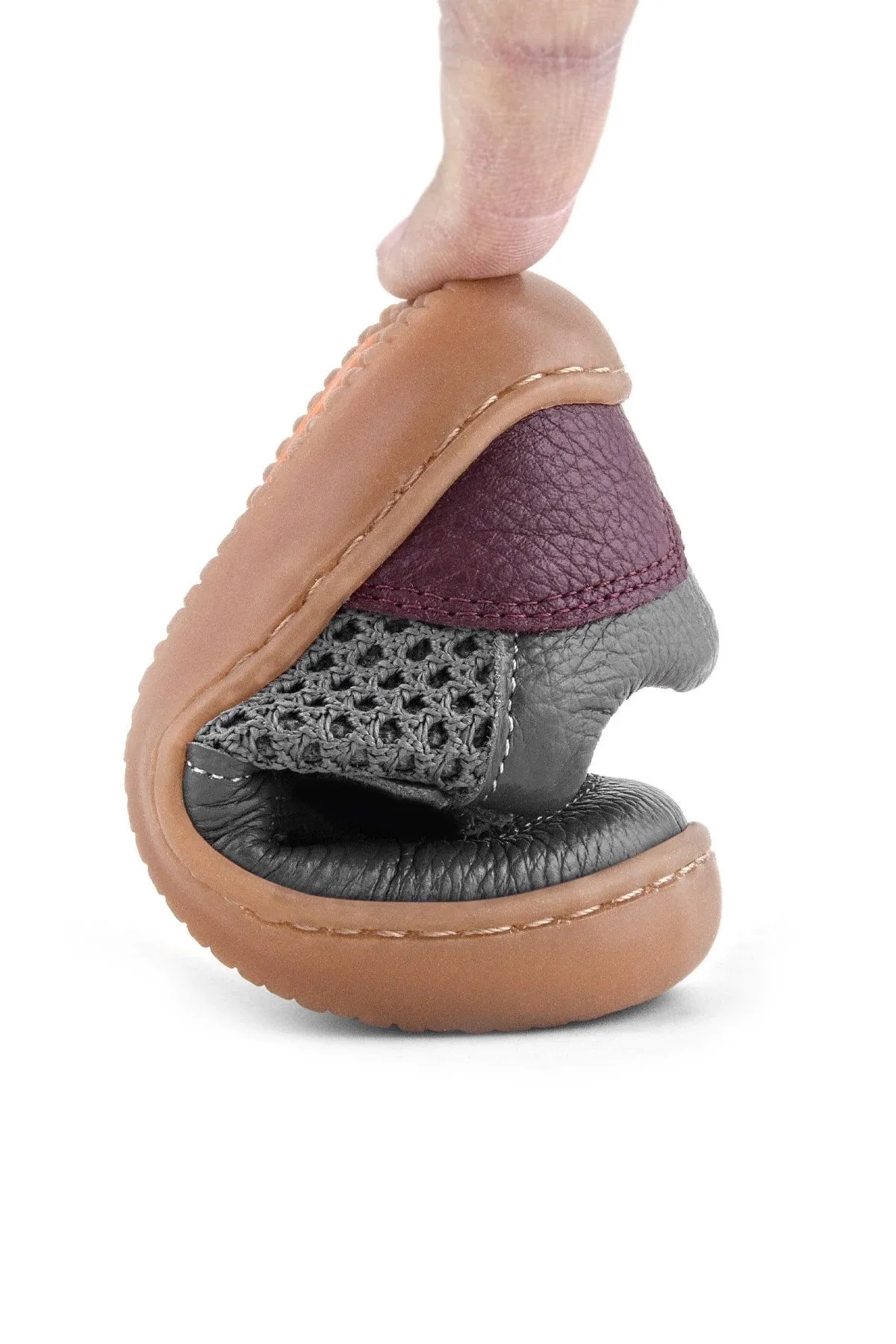 Bob Hakiki Deri Gri Bordo Barefoot Cırtlı Lastikli Bebek Sneaker Ayakkabı