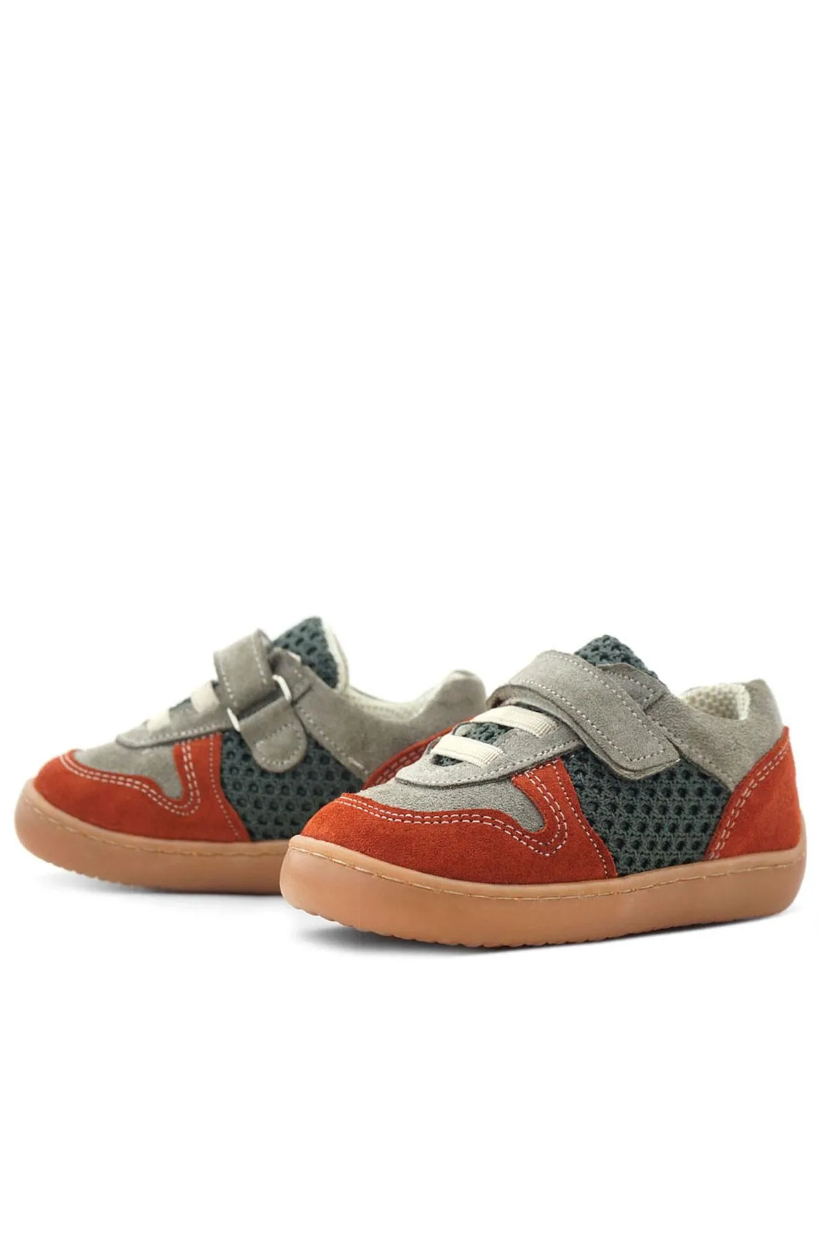 Bob Hakiki Deri Gri Yeşil Barefoot Cırtlı Lastikli Bebek Sneaker Ayakkabı