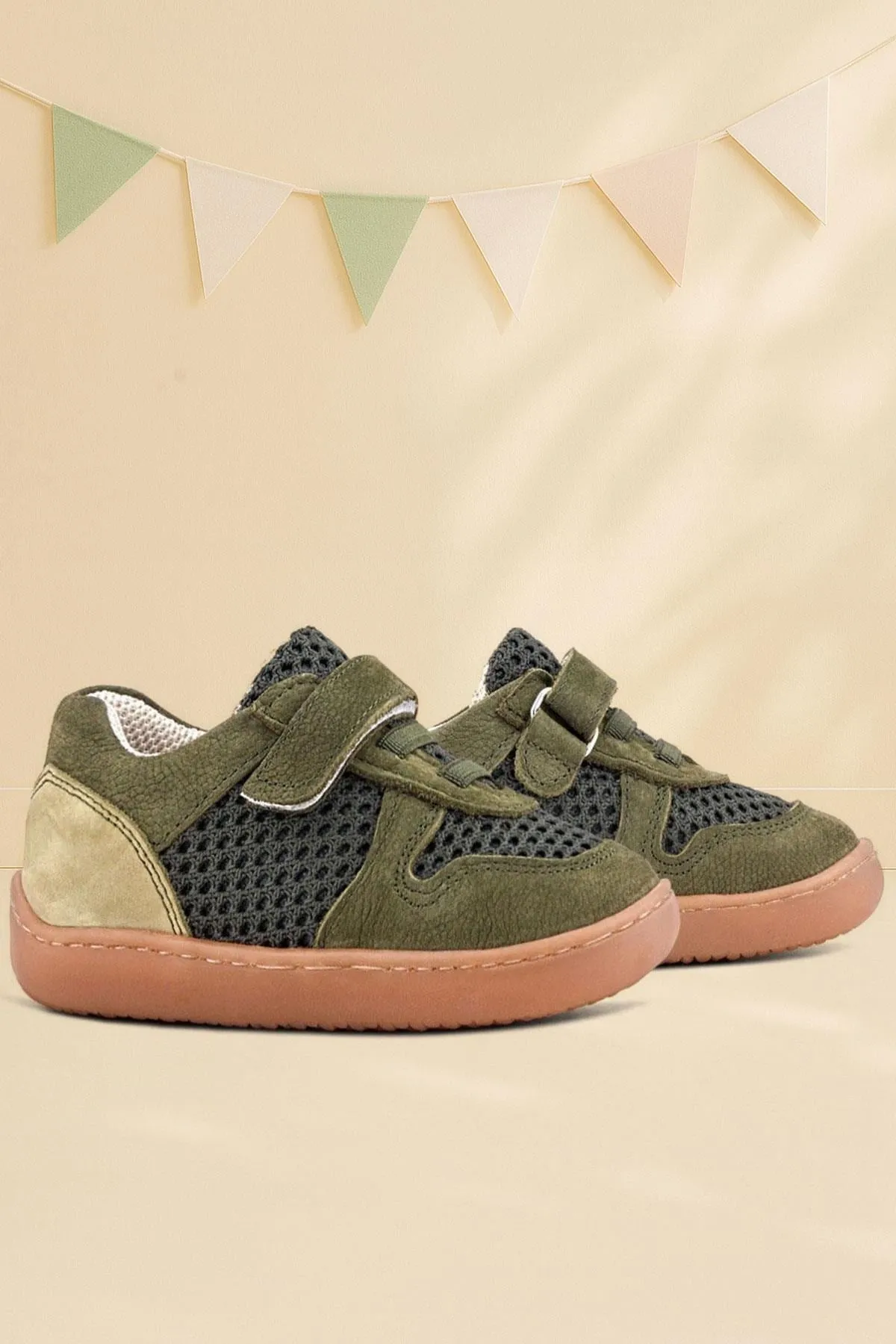 Bob Hakiki Deri Haki Yeşil Barefoot Cırtlı Lastikli Bebek Sneaker Ayakkabı