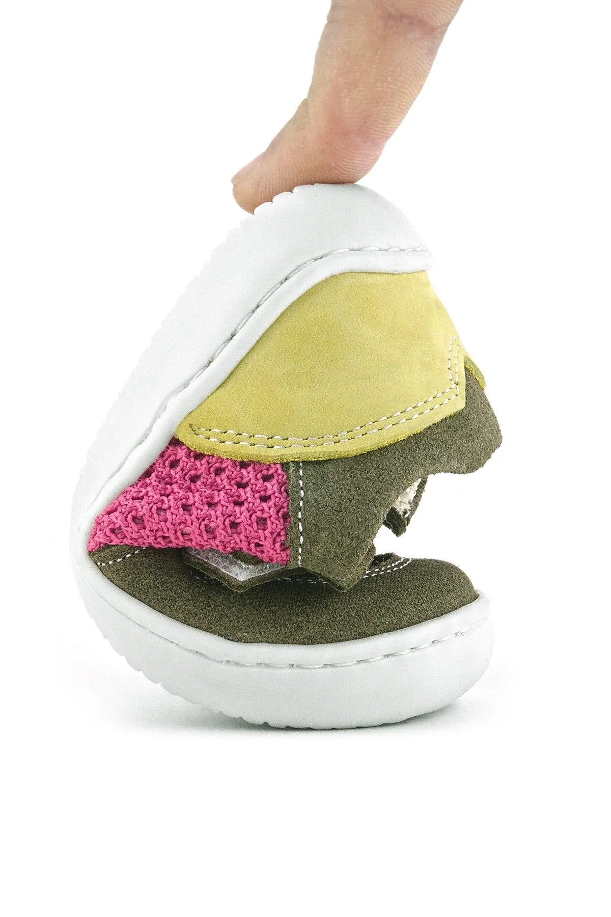 Bob Hakiki Deri Haki Yeşil Pembe Barefoot Cırtlı Lastikli Bebek Sneaker Ayakkabı