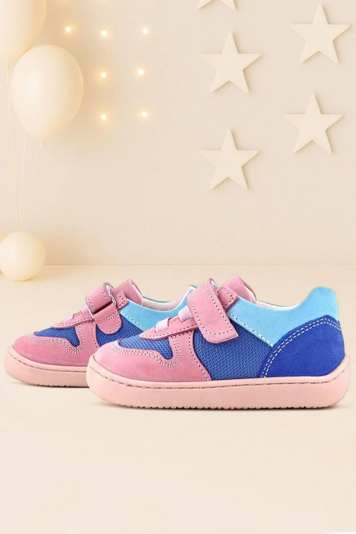 Bob Hakiki Deri Mavi Pembe Barefoot Cırtlı Lastikli Bebek Sneaker Ayakkabı
