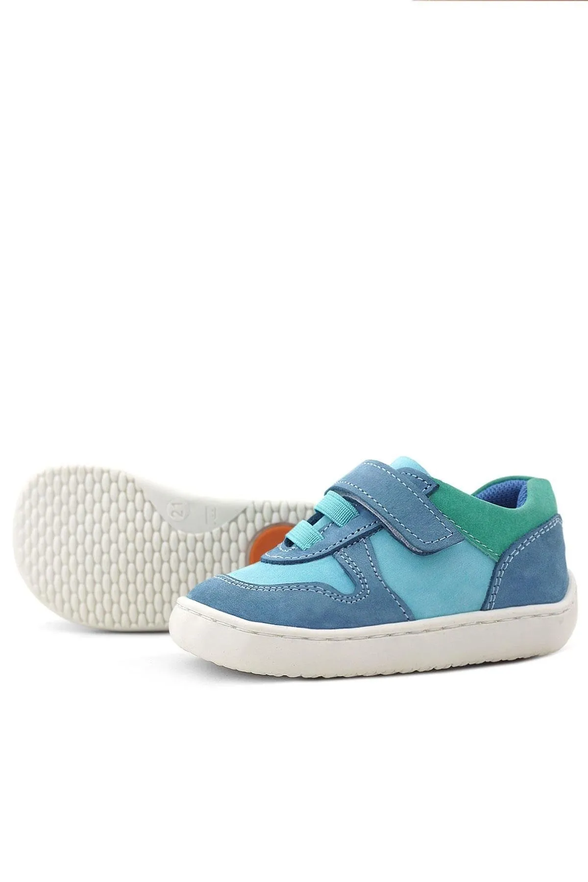 Bob Hakiki Deri Mavi Yeşil Barefoot Cırtlı Lastikli Bebek Sneaker Ayakkabı