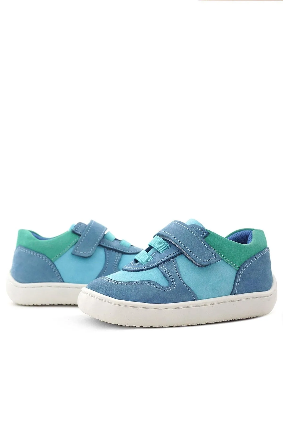 Bob Hakiki Deri Mavi Yeşil Barefoot Cırtlı Lastikli Bebek Sneaker Ayakkabı