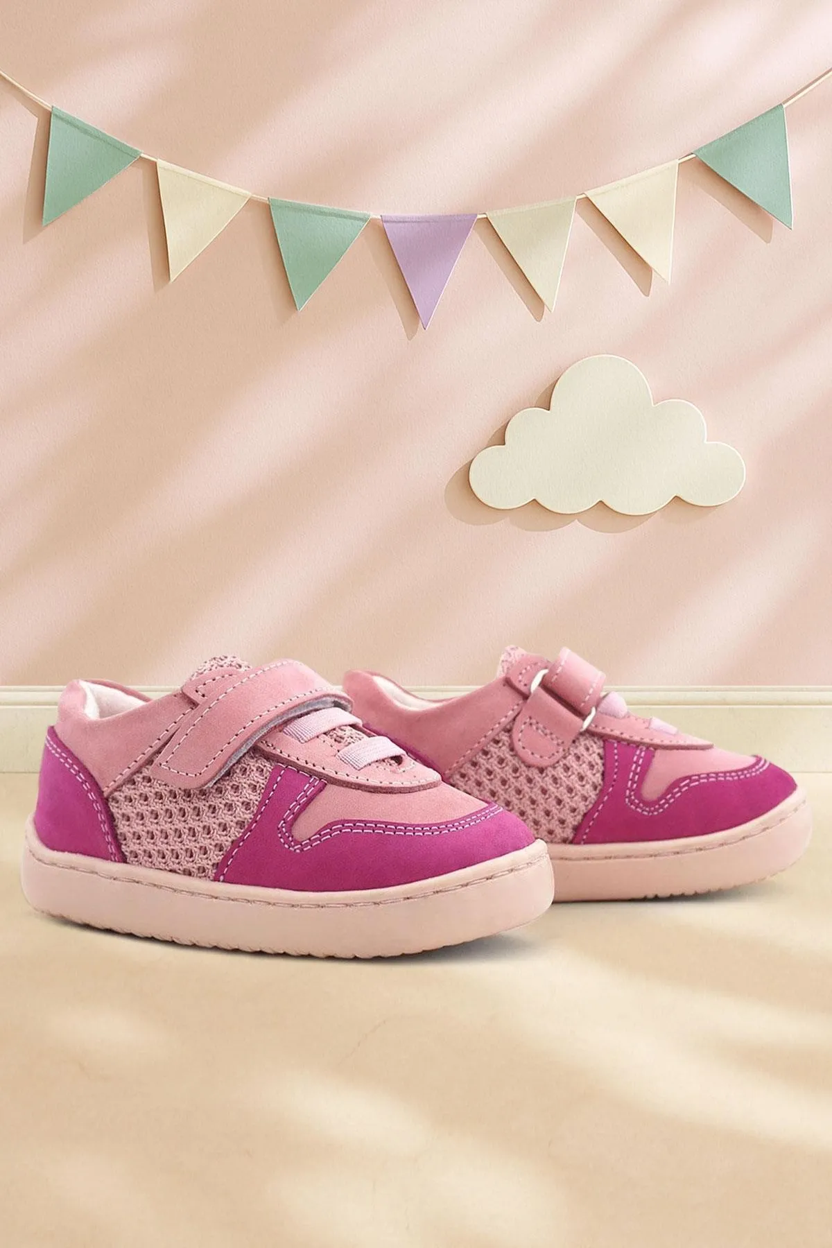 Bob Hakiki Deri Pembe Barefoot Cırtlı Lastikli Bebek Sneaker Ayakkabı