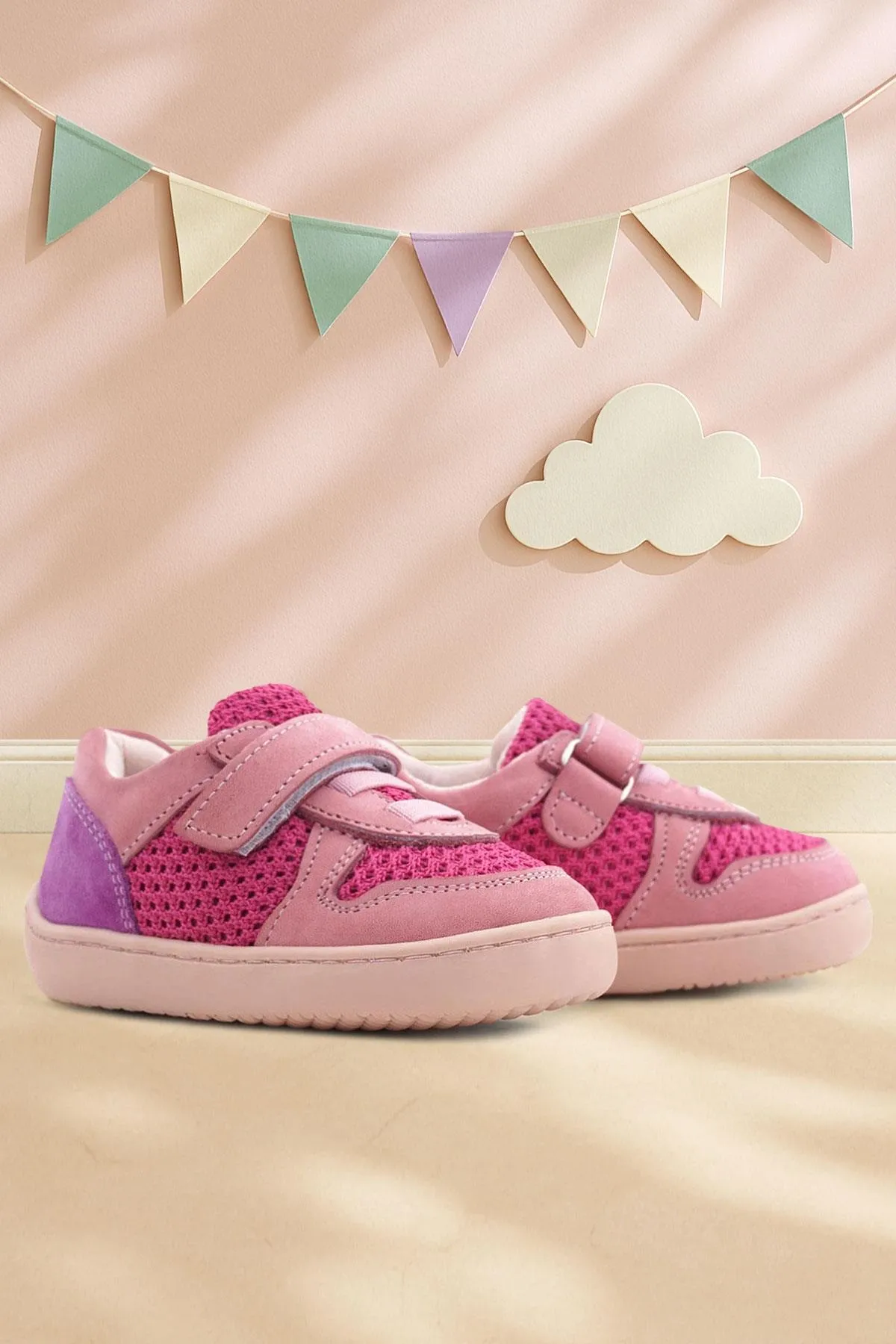 Bob Hakiki Deri Pembe Mor Barefoot Cırtlı Lastikli Bebek Sneaker Ayakkabı