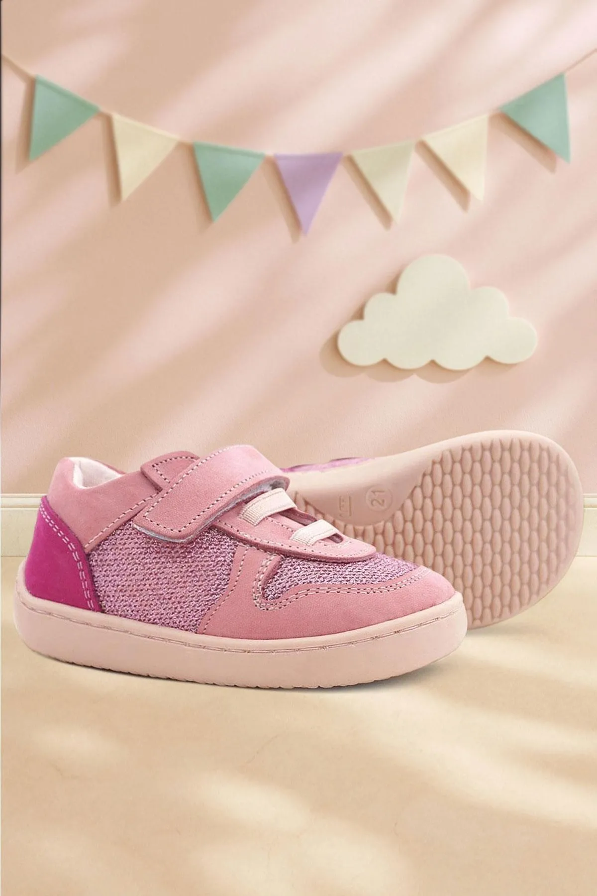 Bob Hakiki Deri Pembe Simli Barefoot Cırtlı Lastikli Bebek Sneaker Ayakkabı