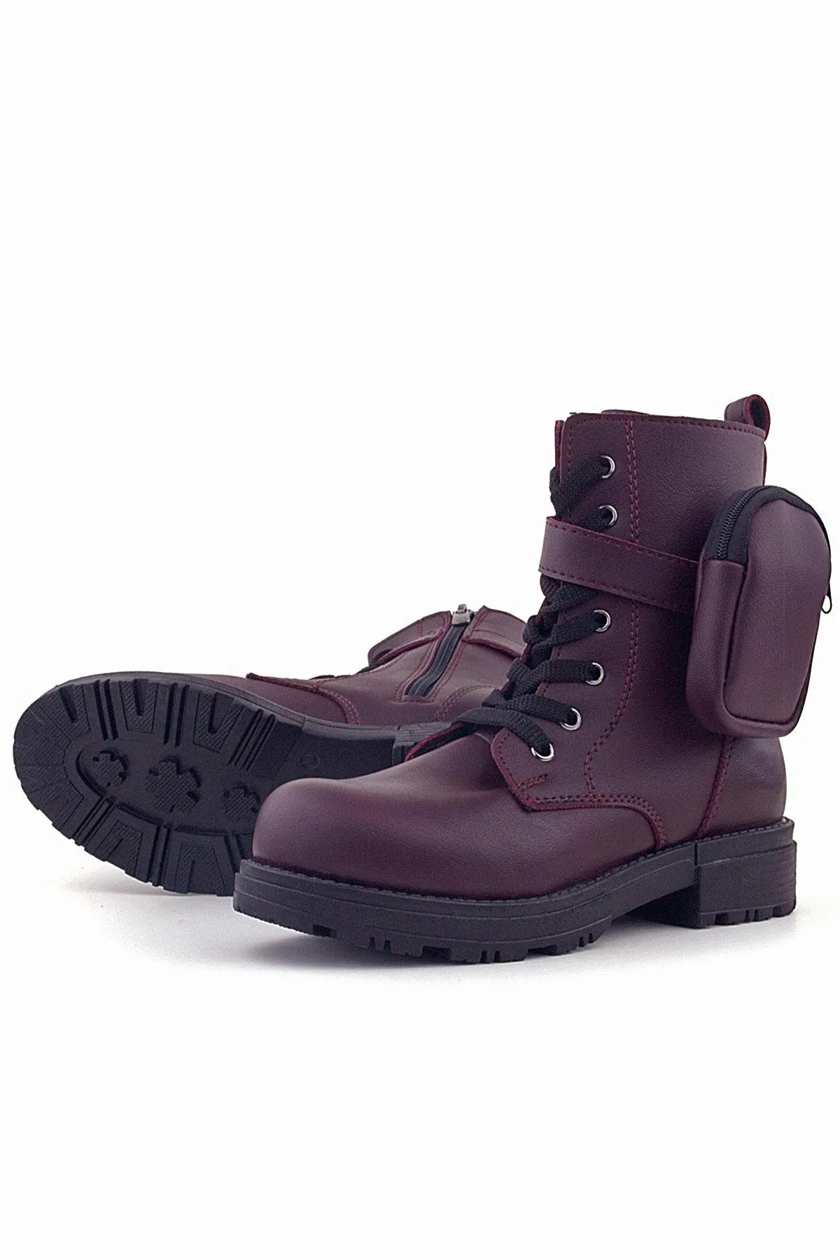 Bordo Fermuarlı Bağcıklı Cüzdanlı Kız Çocuk Bot