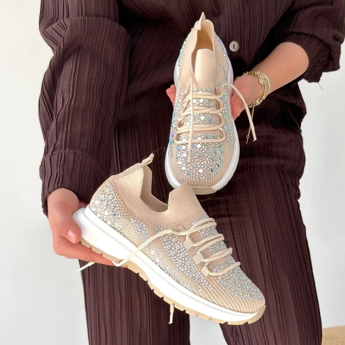 Ceas Bej Triko Bağcıklı Spor Ayakkabı