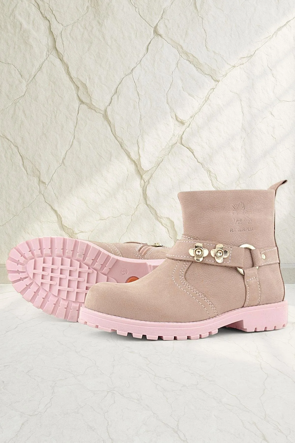 Chiron Hakiki Deri Pembe Fermuarlı Çiçekli Kız Çocuk Bot