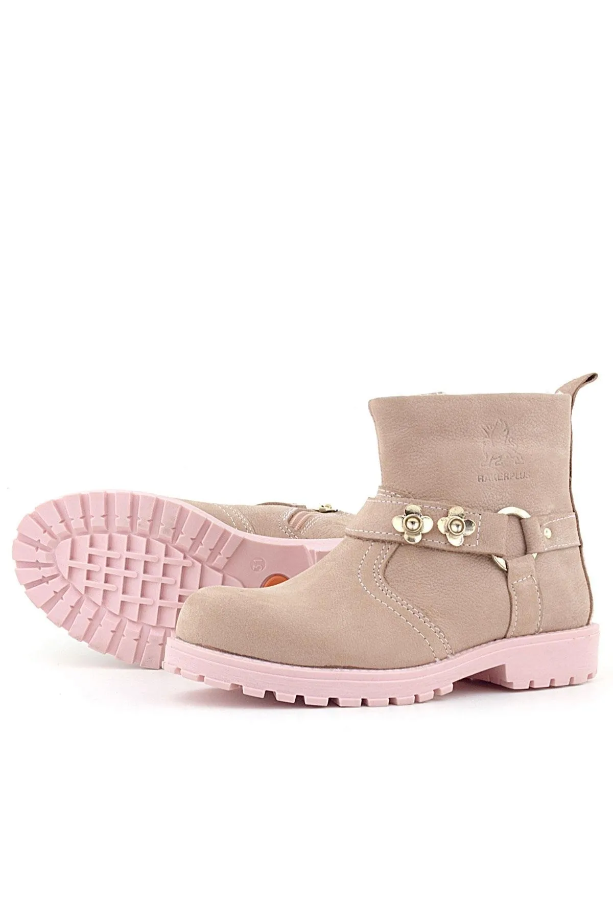 Chiron Hakiki Deri Pembe Fermuarlı Çiçekli Kız Çocuk Bot