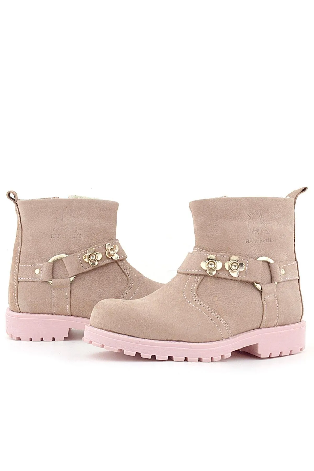 Chiron Hakiki Deri Pembe Fermuarlı Çiçekli Kız Çocuk Bot