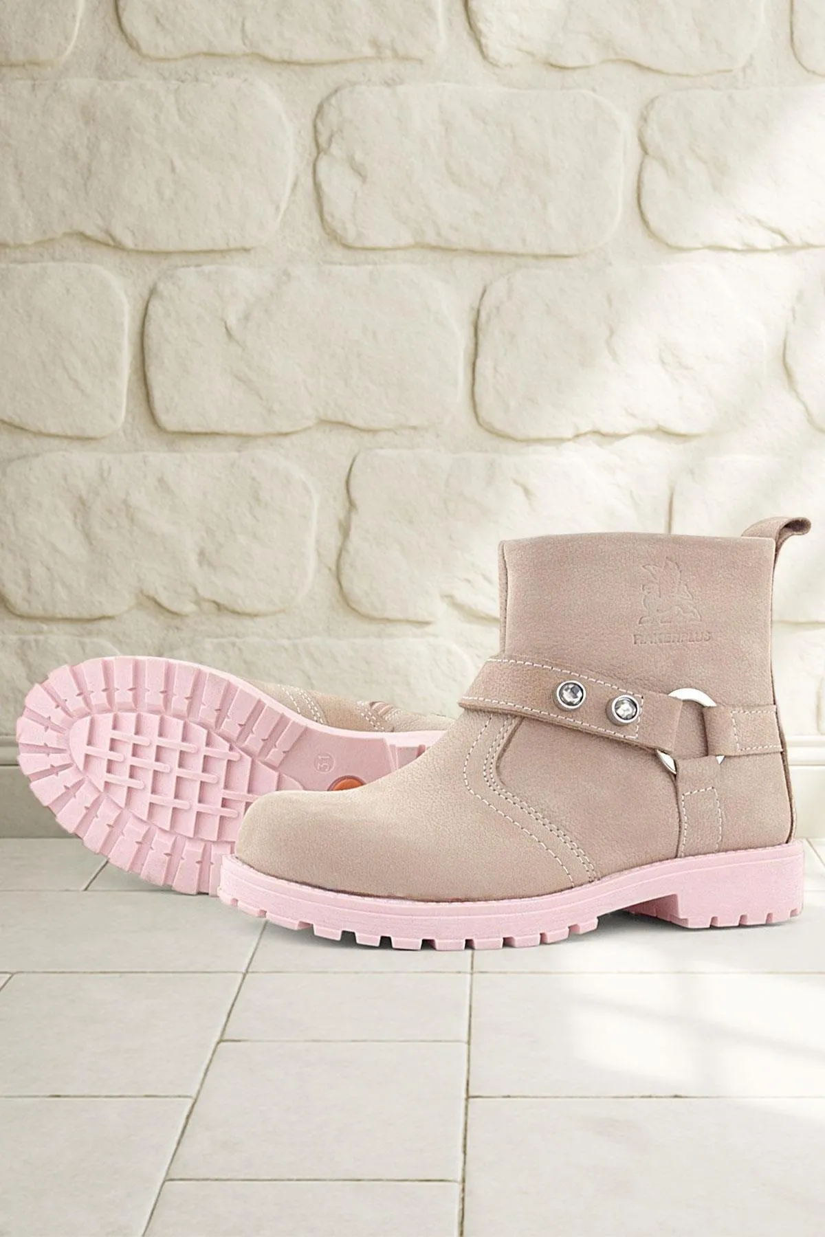 Chiron Hakiki Deri Pembe Fermuarlı Taşlı Kız Çocuk Bot