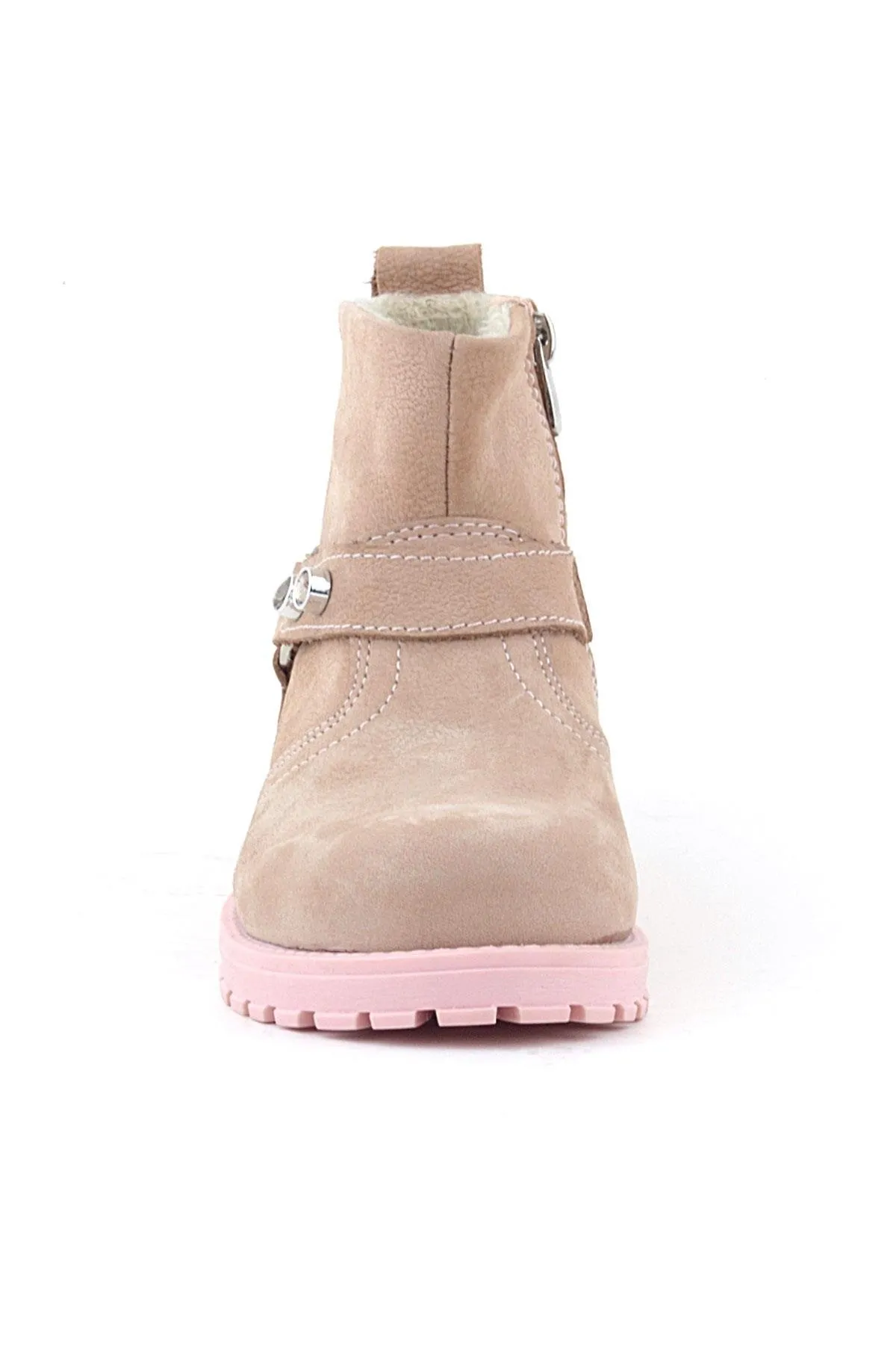 Chiron Hakiki Deri Pembe Fermuarlı Taşlı Kız Çocuk Bot