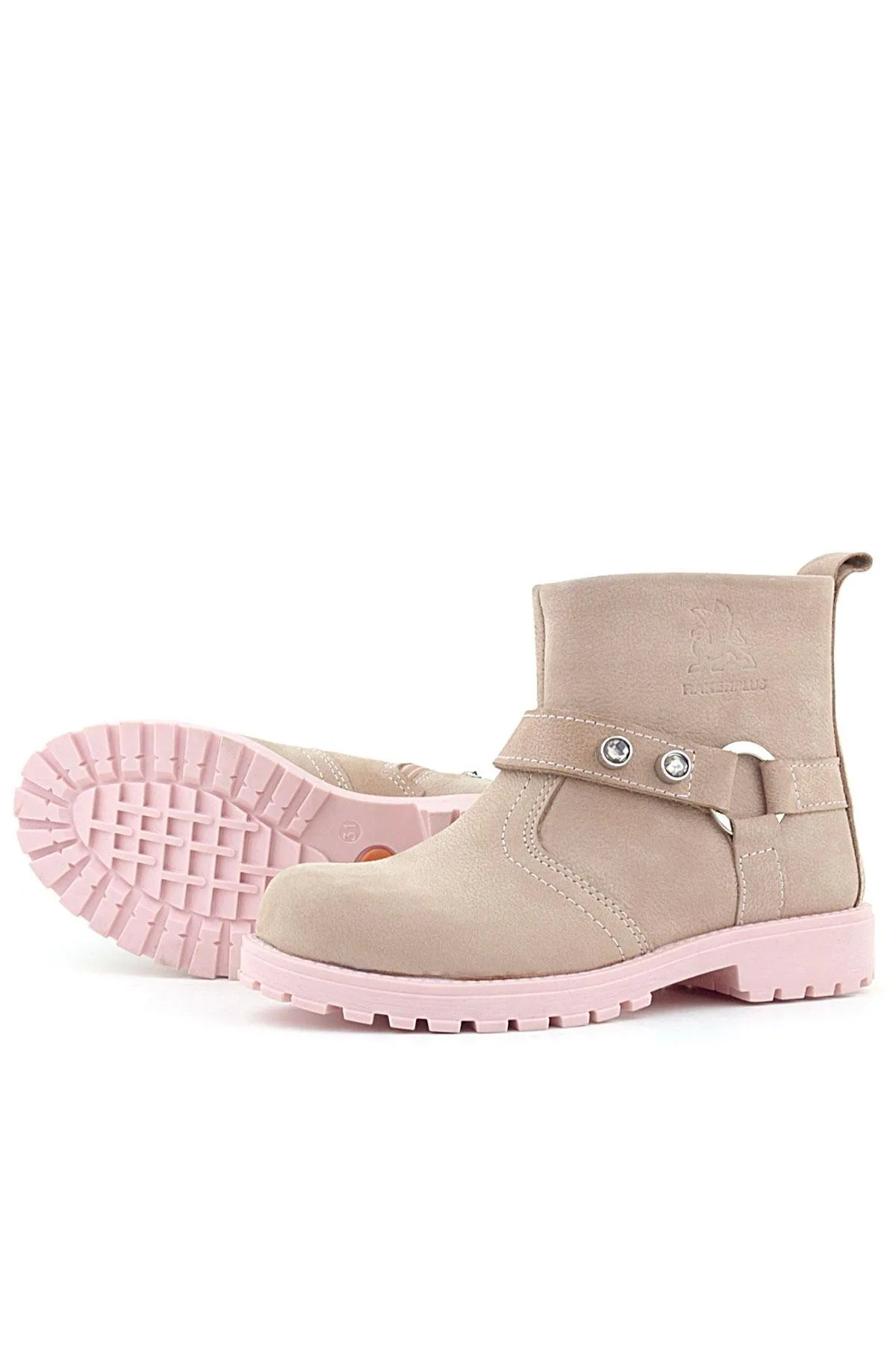 Chiron Hakiki Deri Pembe Fermuarlı Taşlı Kız Çocuk Bot