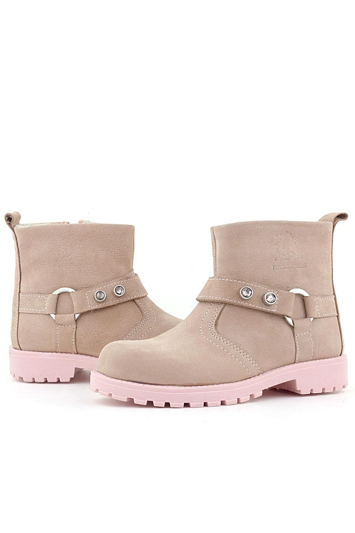 Chiron Hakiki Deri Pembe Fermuarlı Taşlı Kız Çocuk Bot