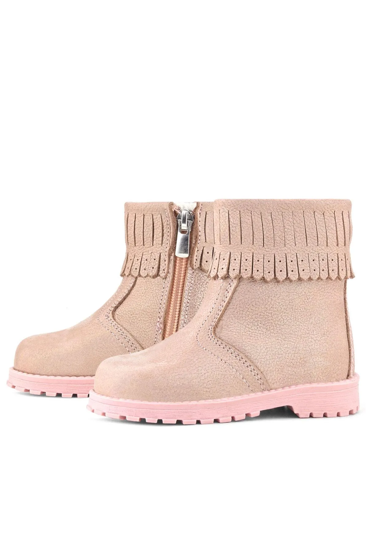 Chiron Hakiki Deri Pembe Simli Fermuarlı Kız Çocuk Bot Çizme