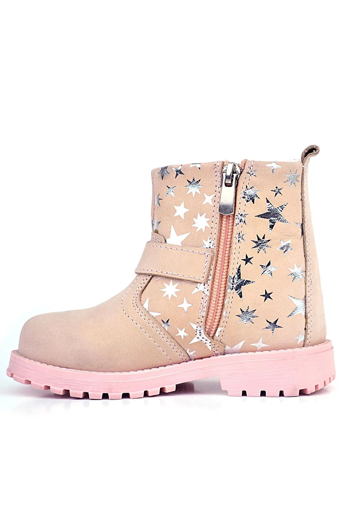 Chiron Hakiki Deri Pudra Yıldız Desenli Fermuarlı Kürklü Kız Çocuk Bot