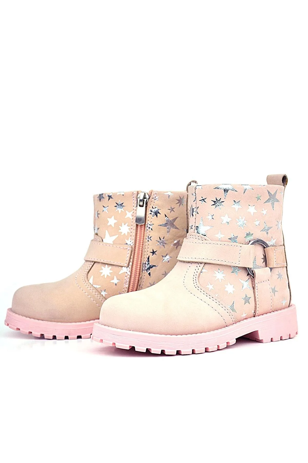 Chiron Hakiki Deri Pudra Yıldız Desenli Fermuarlı Kürklü Kız Çocuk Bot