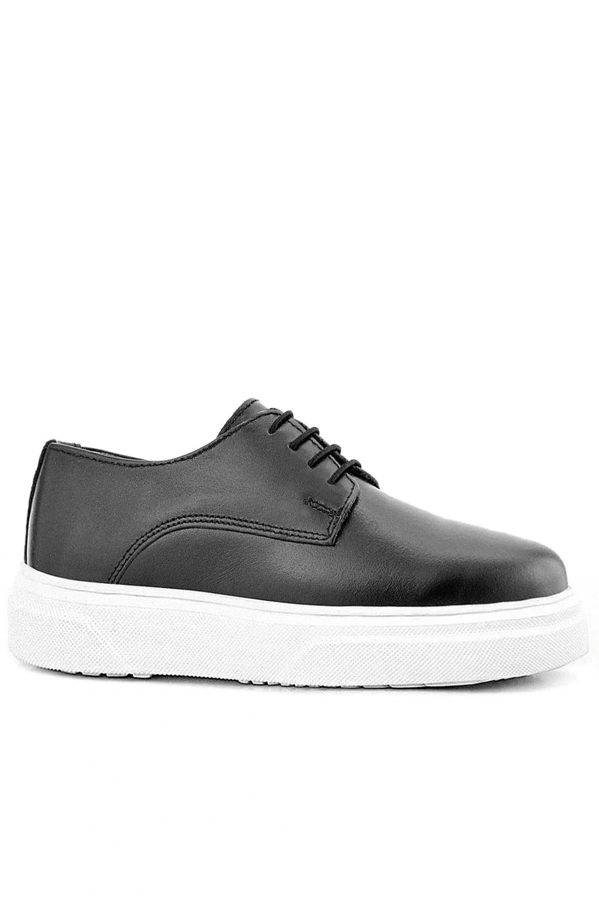 Derby Hakiki Deri Siyah Beyaz Tabanlı Çocuk Klasik Ayakkabı