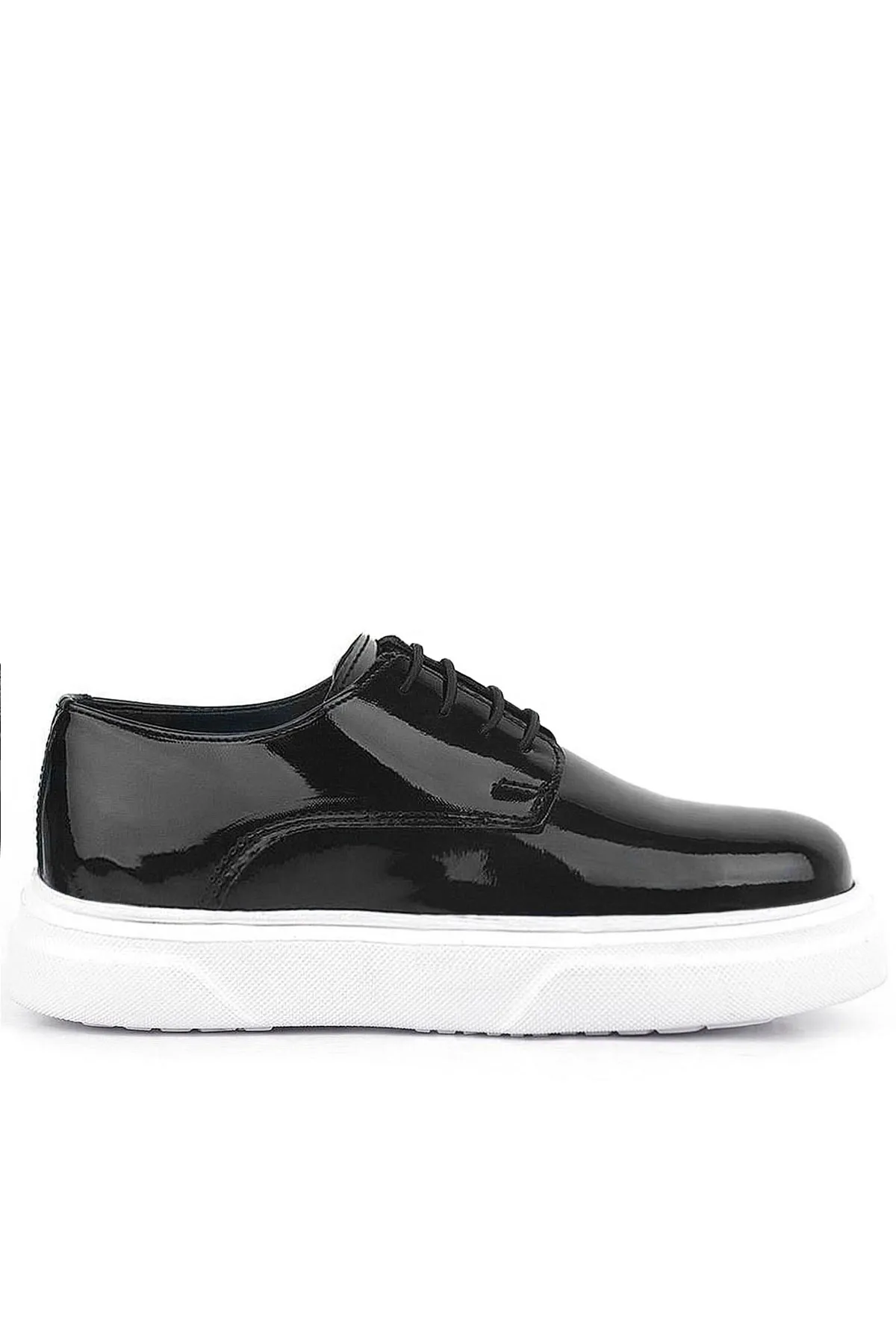 Derby Hakiki Deri Siyah Rugan Beyaz Taban Çocuk Klasik Ayakkabı