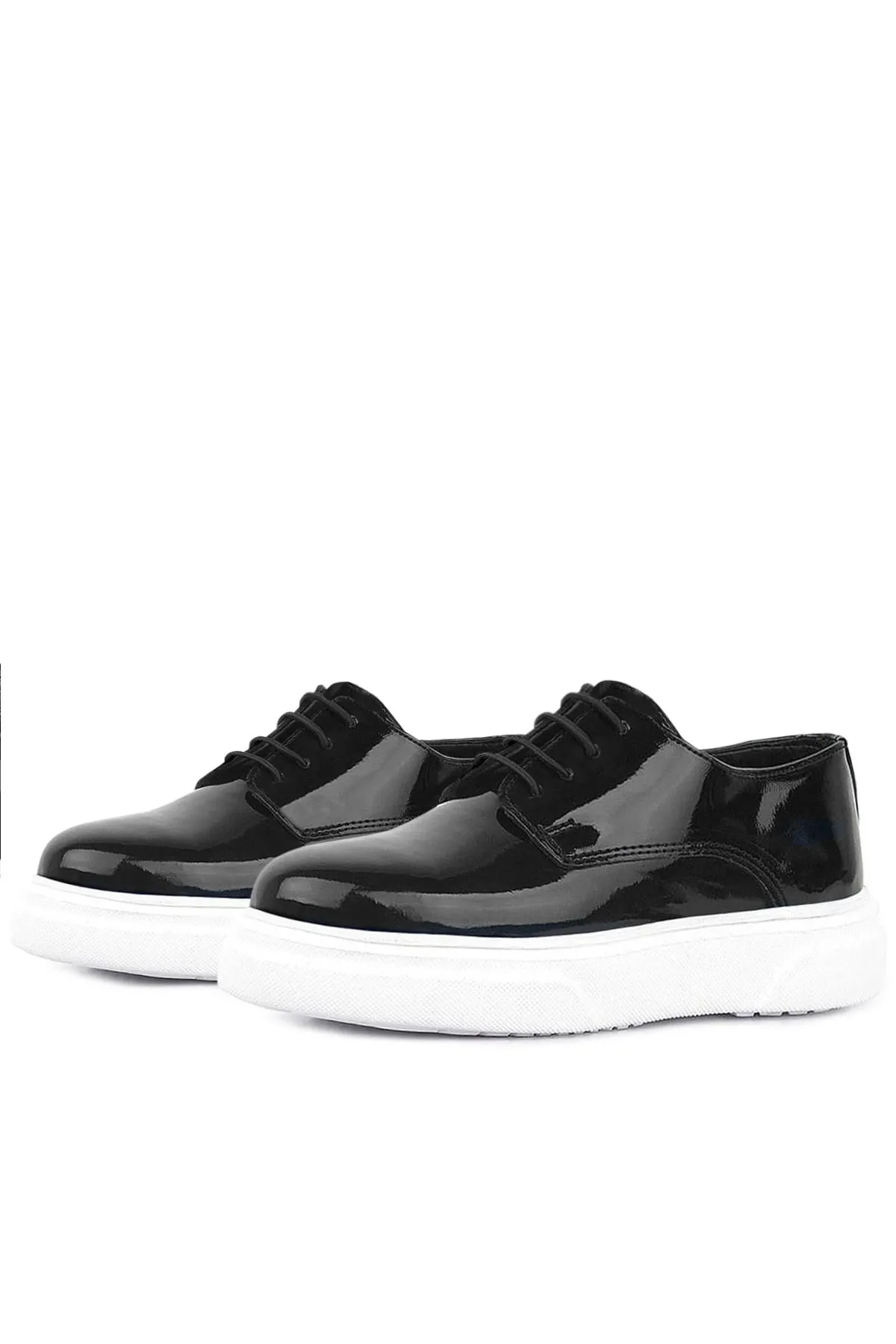 Derby Hakiki Deri Siyah Rugan Beyaz Taban Çocuk Klasik Ayakkabı