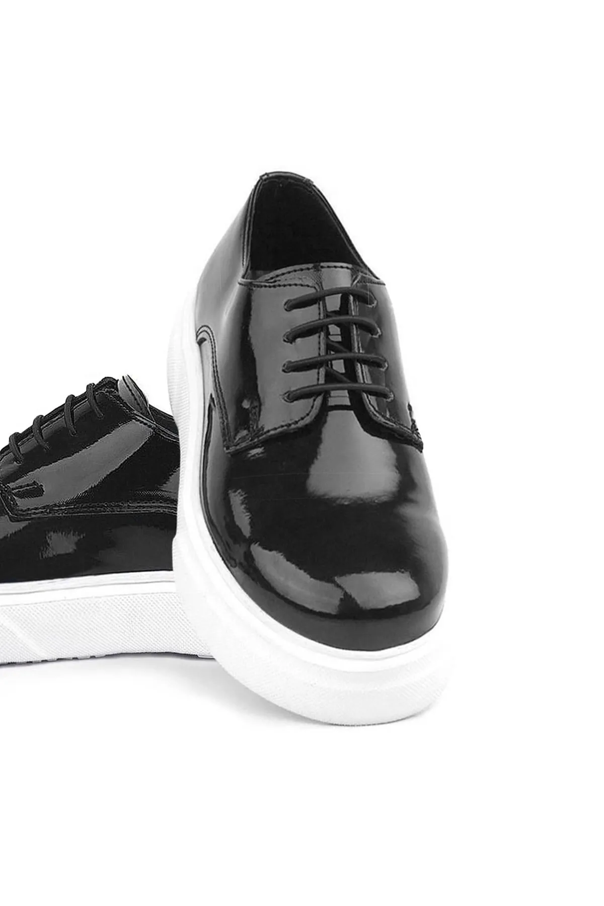 Derby Hakiki Deri Siyah Rugan Beyaz Taban Çocuk Klasik Ayakkabı