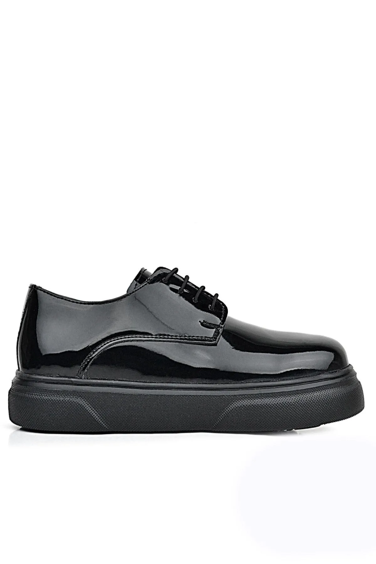 Derby Hakiki Deri Siyah Rugan Siyah Taban Çocuk Klasik Ayakkabı