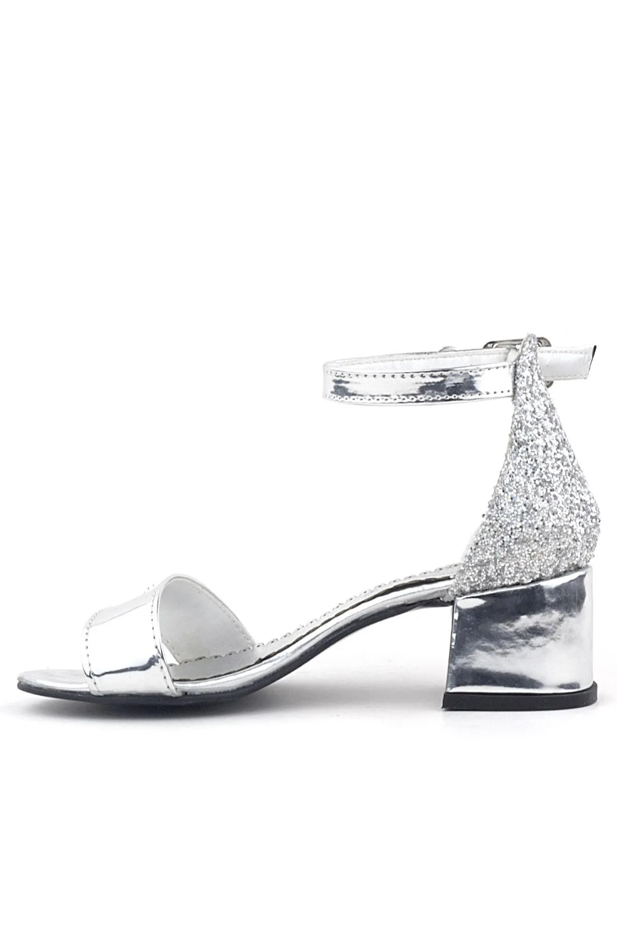 Elsa Gümüş Aynalı Simli Topuklu Taşlı Kız Çocuk Abiye Ayakkabı
