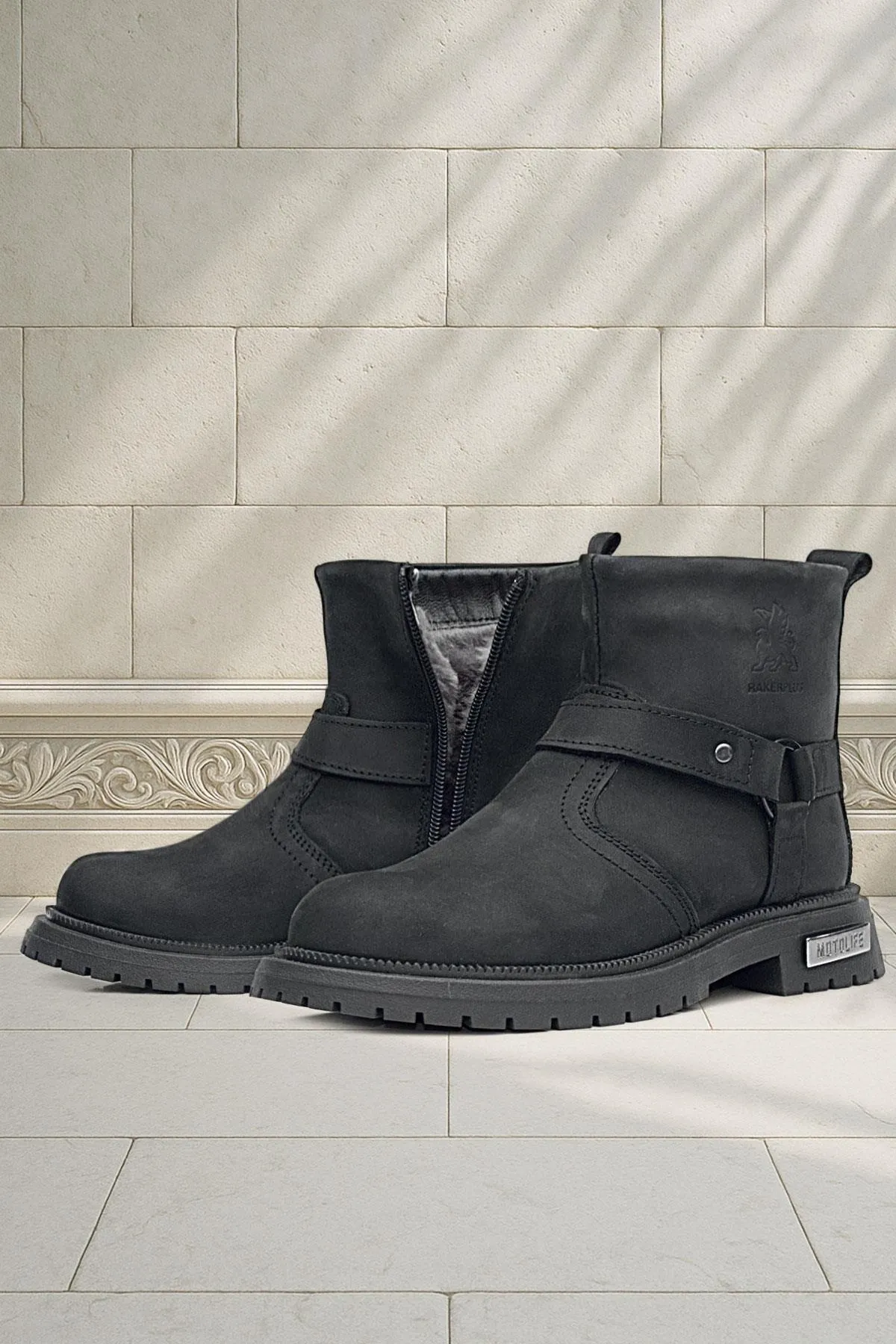 Gerçek Kürklü Hakiki Deri Siyah Nubuk Metal Detaylı Fermuarlı Çocuk Bot